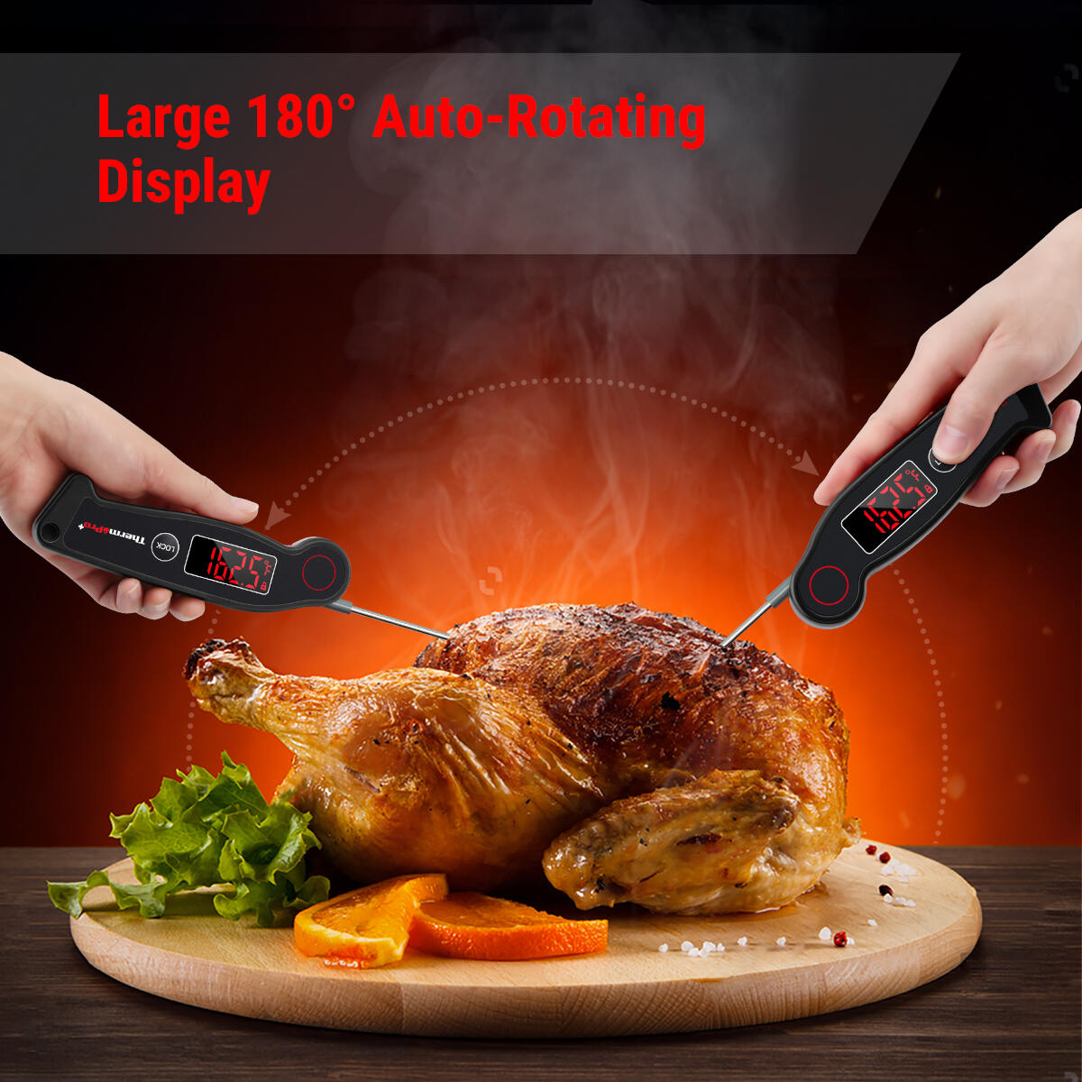 Hands hold food thermometers inserted into a roasted chicken on a wooden board with orange slices and lettuce.