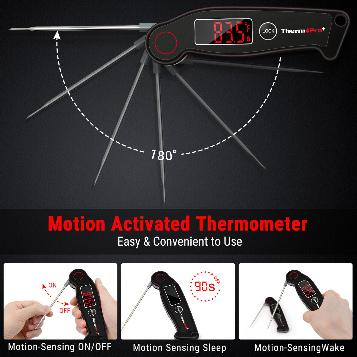 Black thermometer displays temperature. Shows 180-degree range. Includes examples of on/off, sleep, and wake modes.