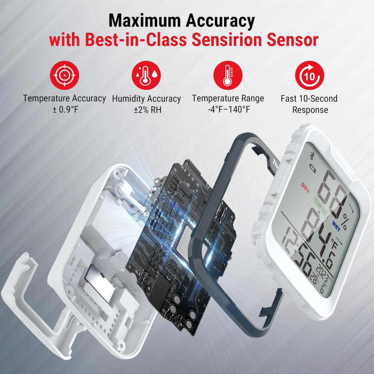 A white digital thermometer showing temperature and humidity. Text displays accuracy and speed. Parts are exploded to show internal components.