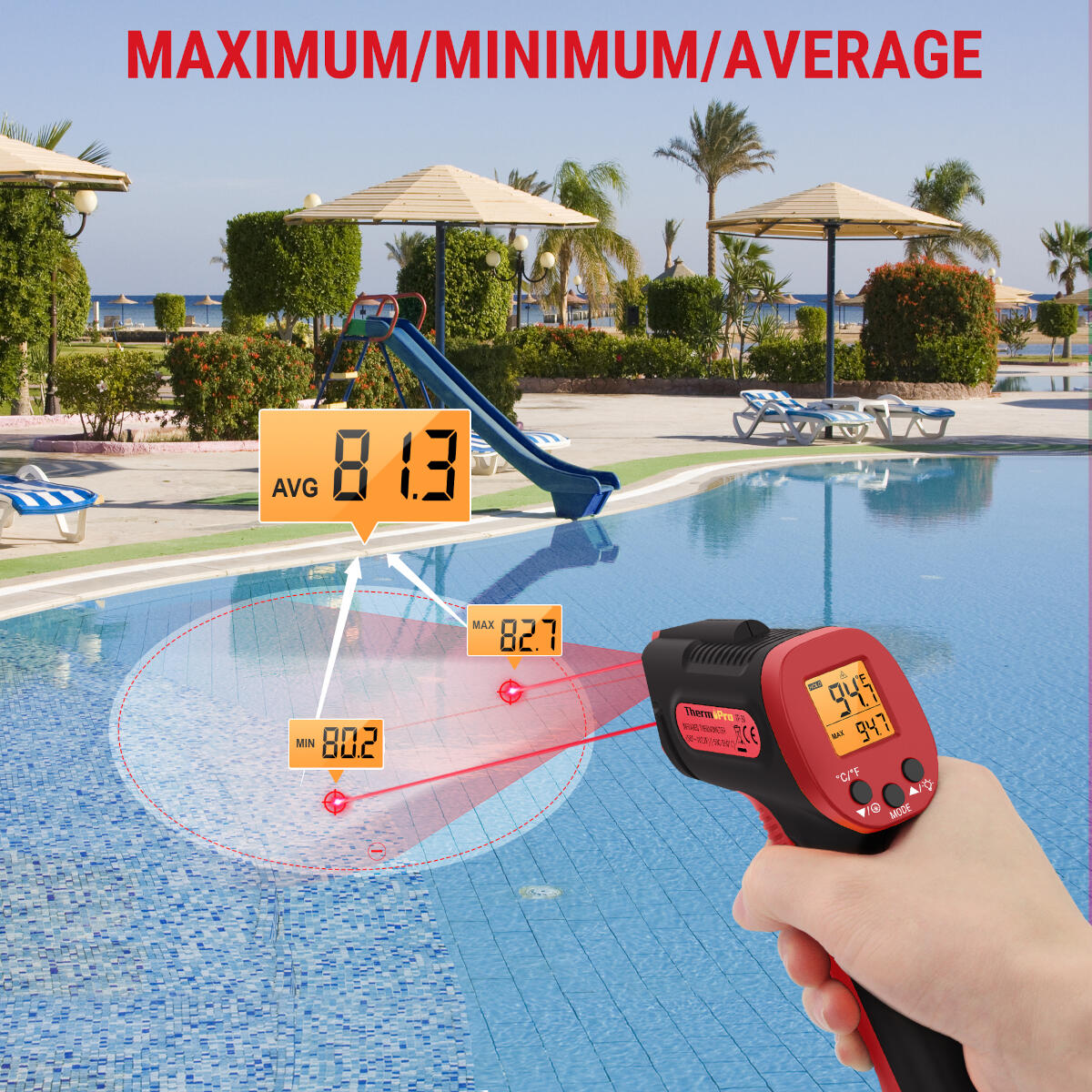 A hand holds a thermometer measuring pool temperature. Displays show average, minimum and maximum readings. Background: pool, beach, trees.