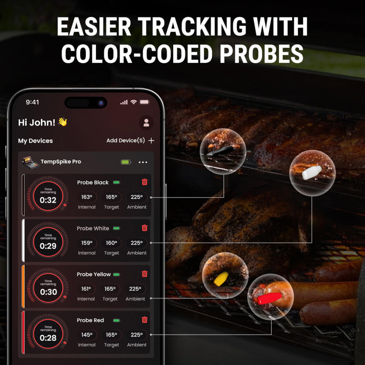 Phone app showing probe readings for grilling. Probes are color-coded: black, white, yellow, and red. Food is grilling in the background.
