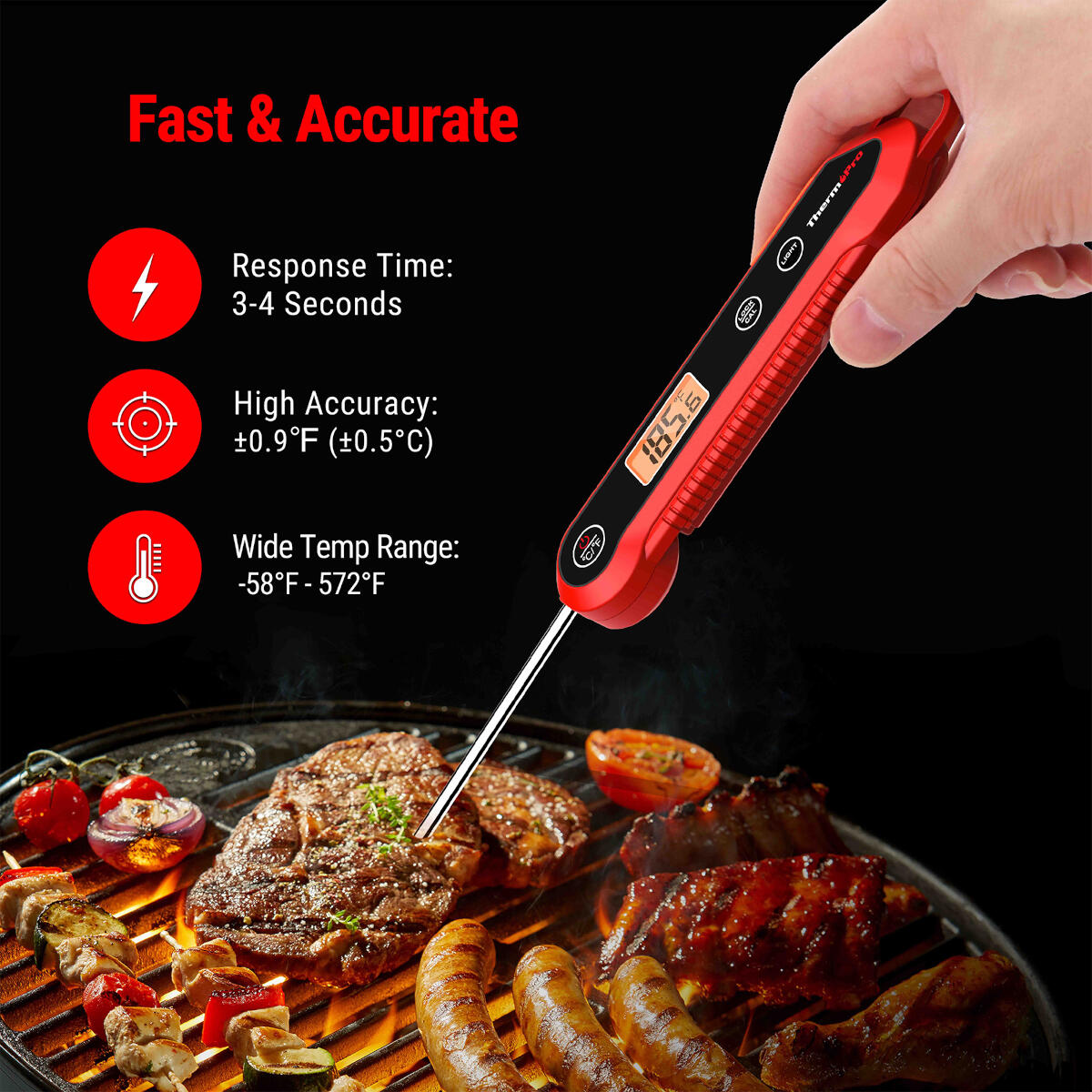 A red meat thermometer is inserted into a steak on a grill with various cooked foods. Display shows 185.6°F. Text reads: Fast & Accurate.