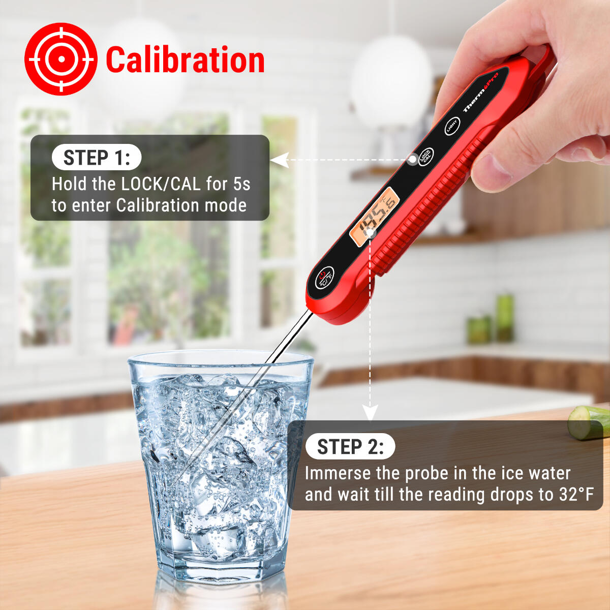 A red thermometer is dipped in ice water. Instructions show calibration steps. The display reads 155.6. A hand holds the thermometer.