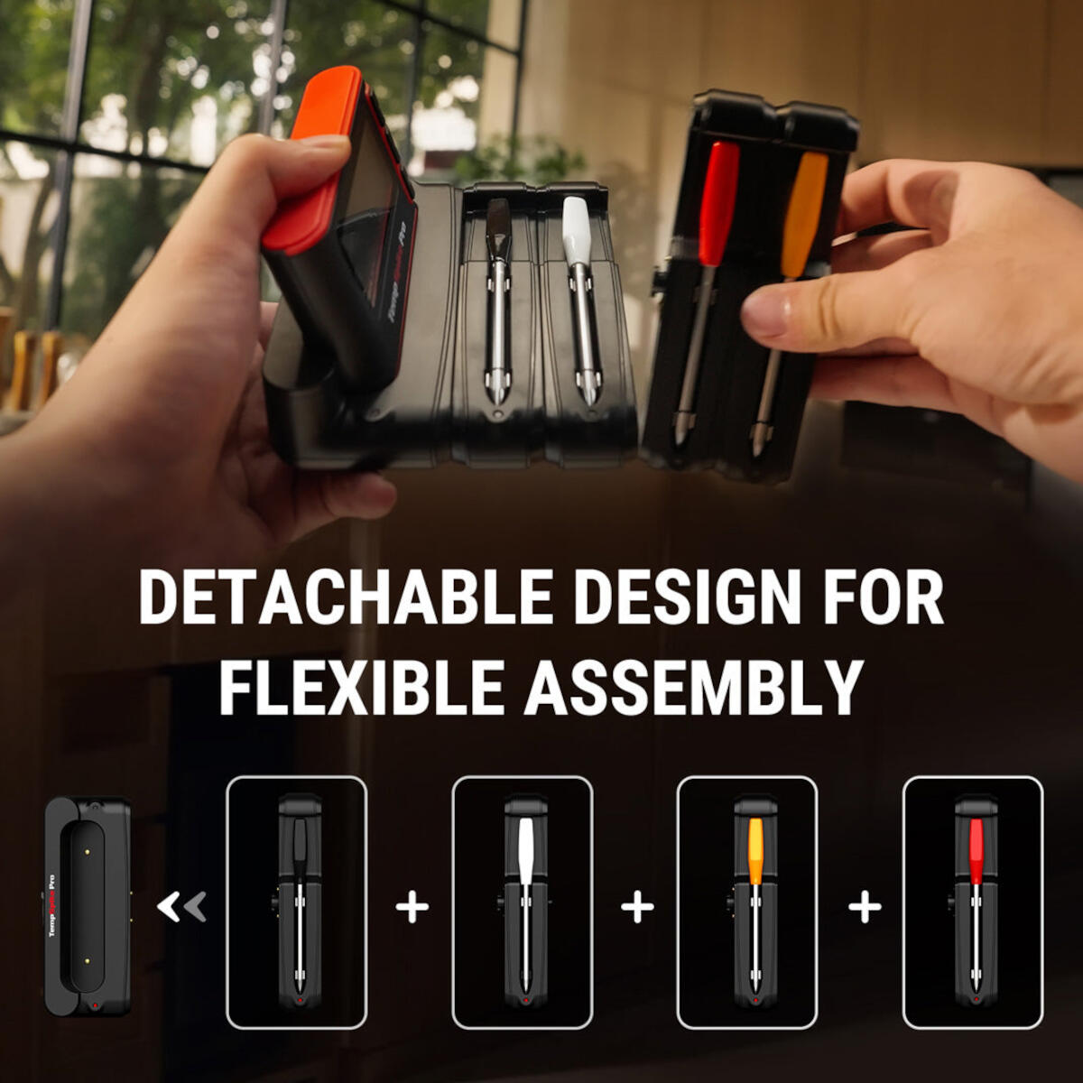 Hands holding a black tool kit with detachable screwdrivers. Text: Detachable design for flexible assembly.