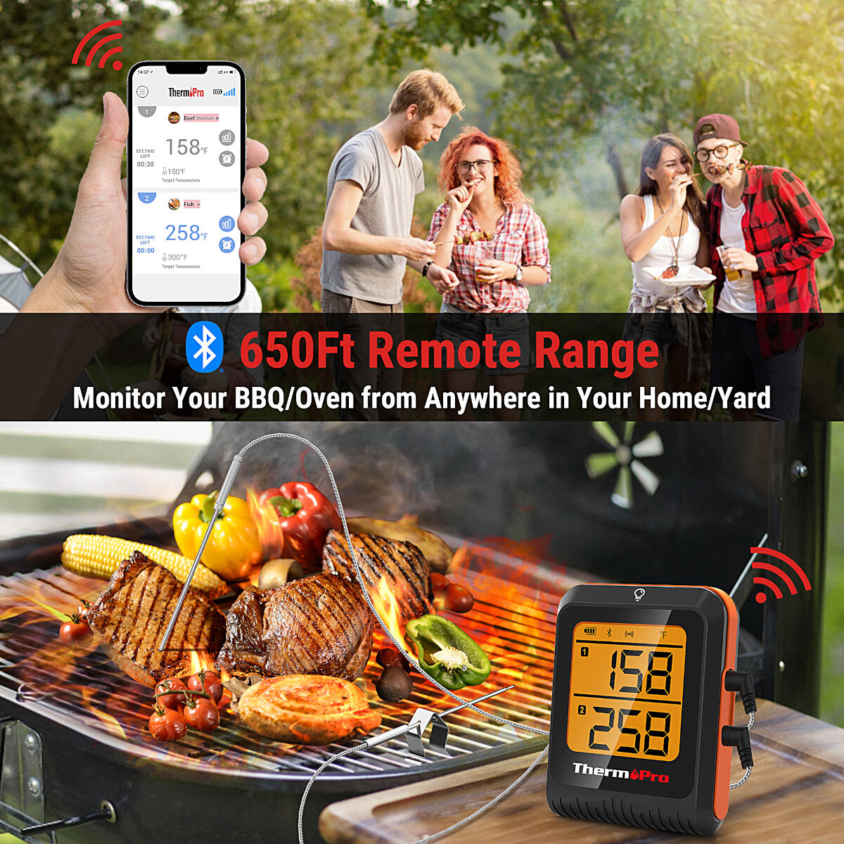 A grilling scene with people, food, and a thermometer. A phone displays temperatures. Steaks and vegetables grill over flames.