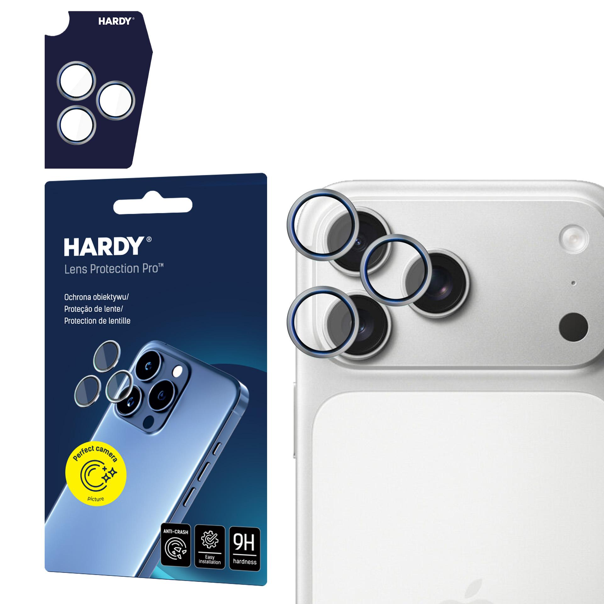 Un telefono e protezioni per lenti della fotocamera. La confezione mostra un telefono con protezioni per lenti. Il marchio è Hardy.