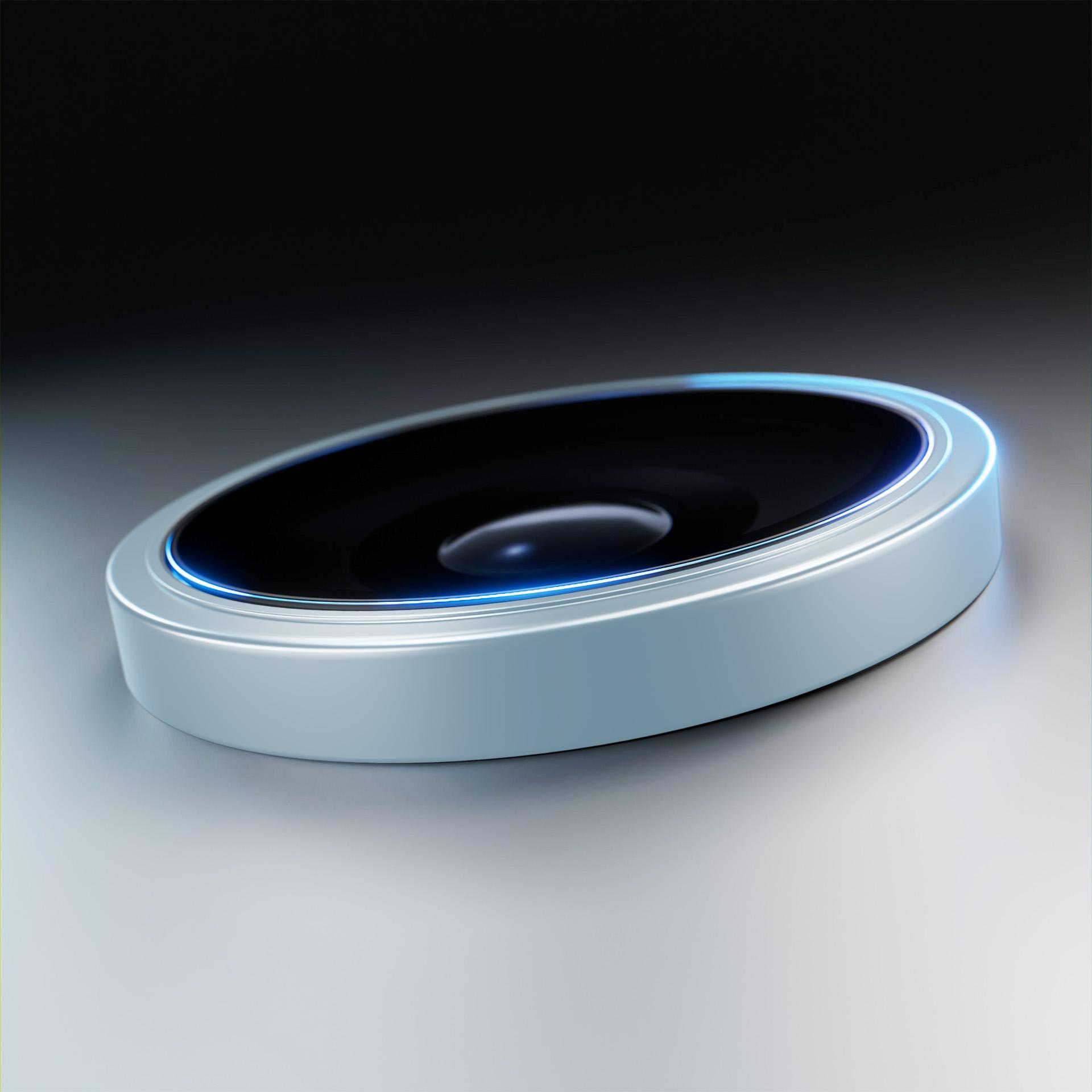 Un oggetto bianco a forma di disco con un centro nero e un contorno blu brillante, su uno sfondo sfumato.