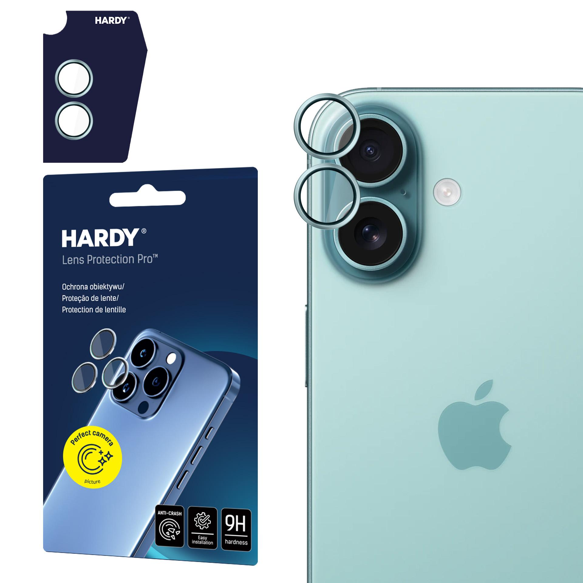 Wyświetlane są telefon i ochraniacze obiektywu. Opakowanie przedstawia markę HARDY. Telefon jest jasnoniebieski.