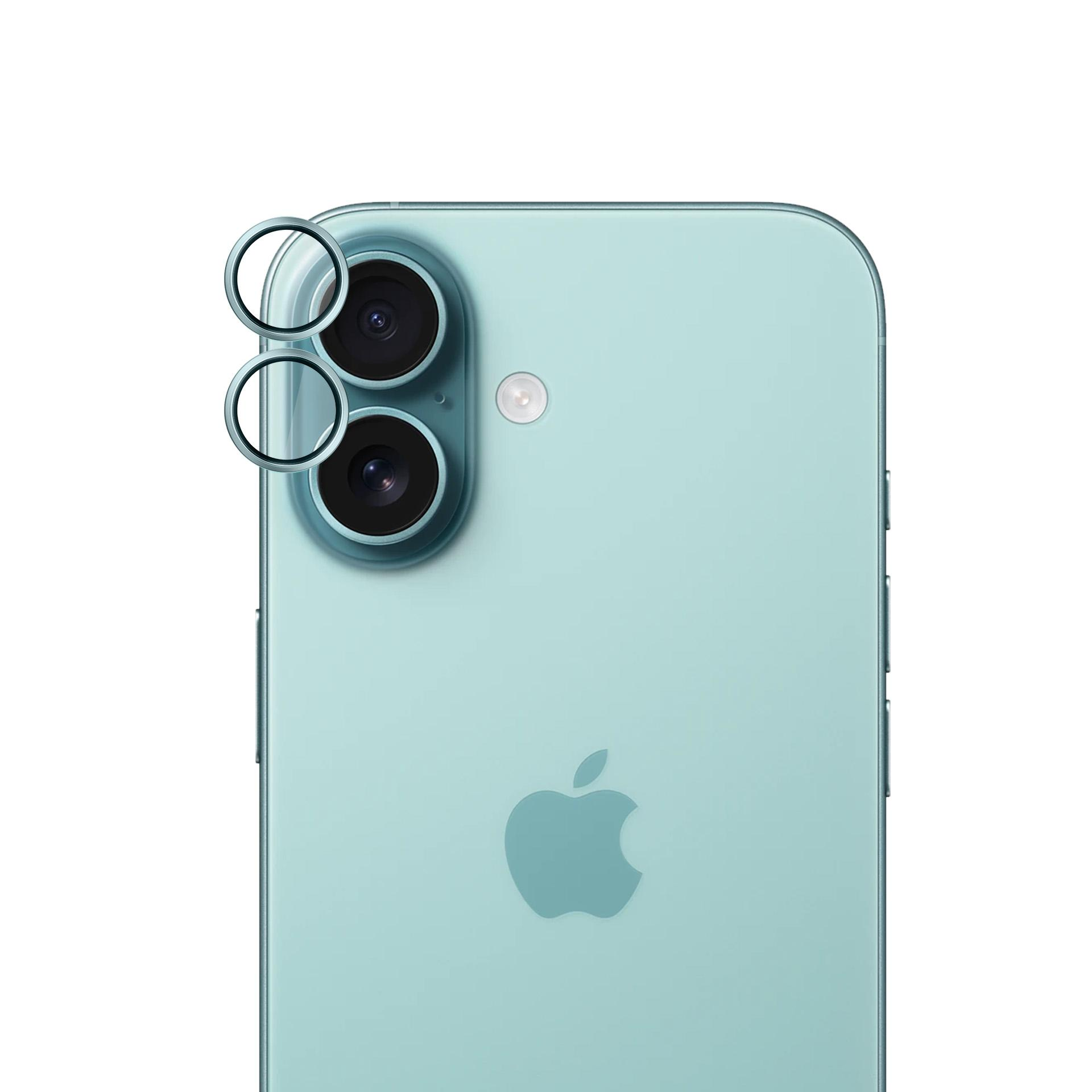 Tył jasnoniebieskozielonego iPhone'a 11 z trzema obiektywami aparatu i srebrną osłoną pierścieniową.