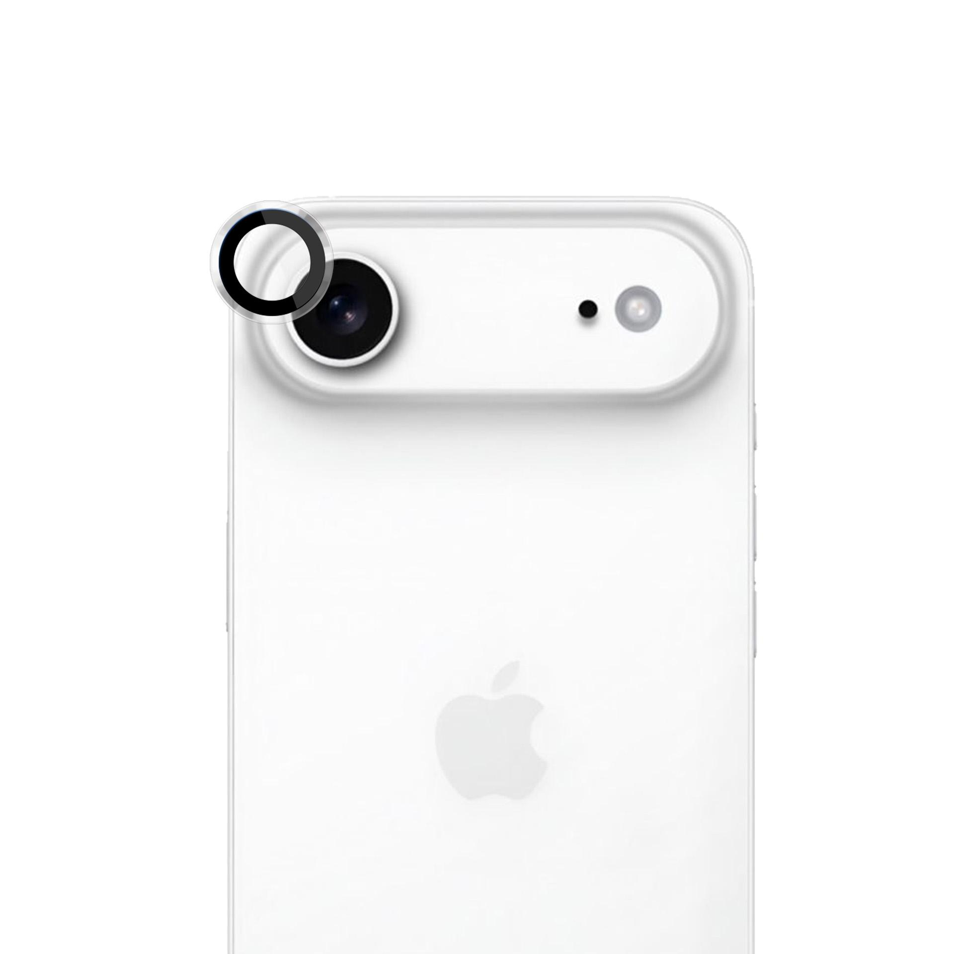Biały tył telefonu z obiektywami aparatu i logo Apple. Obiektywy są czarne, a tło białe.