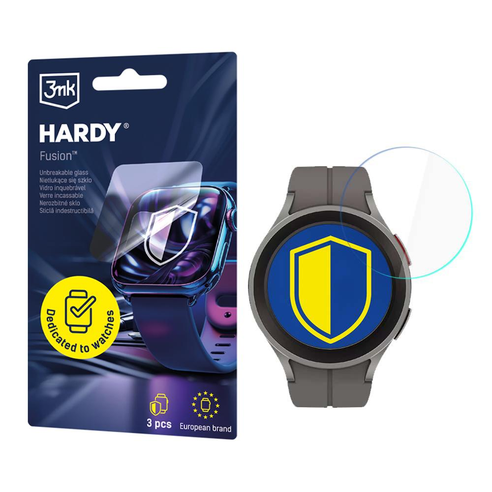 Smartwatch z ochroną ekranu. Opakowanie przedstawia zegarek, ochronę ekranu i logo w kształcie tarczy w kolorach żółtym i niebieskim.