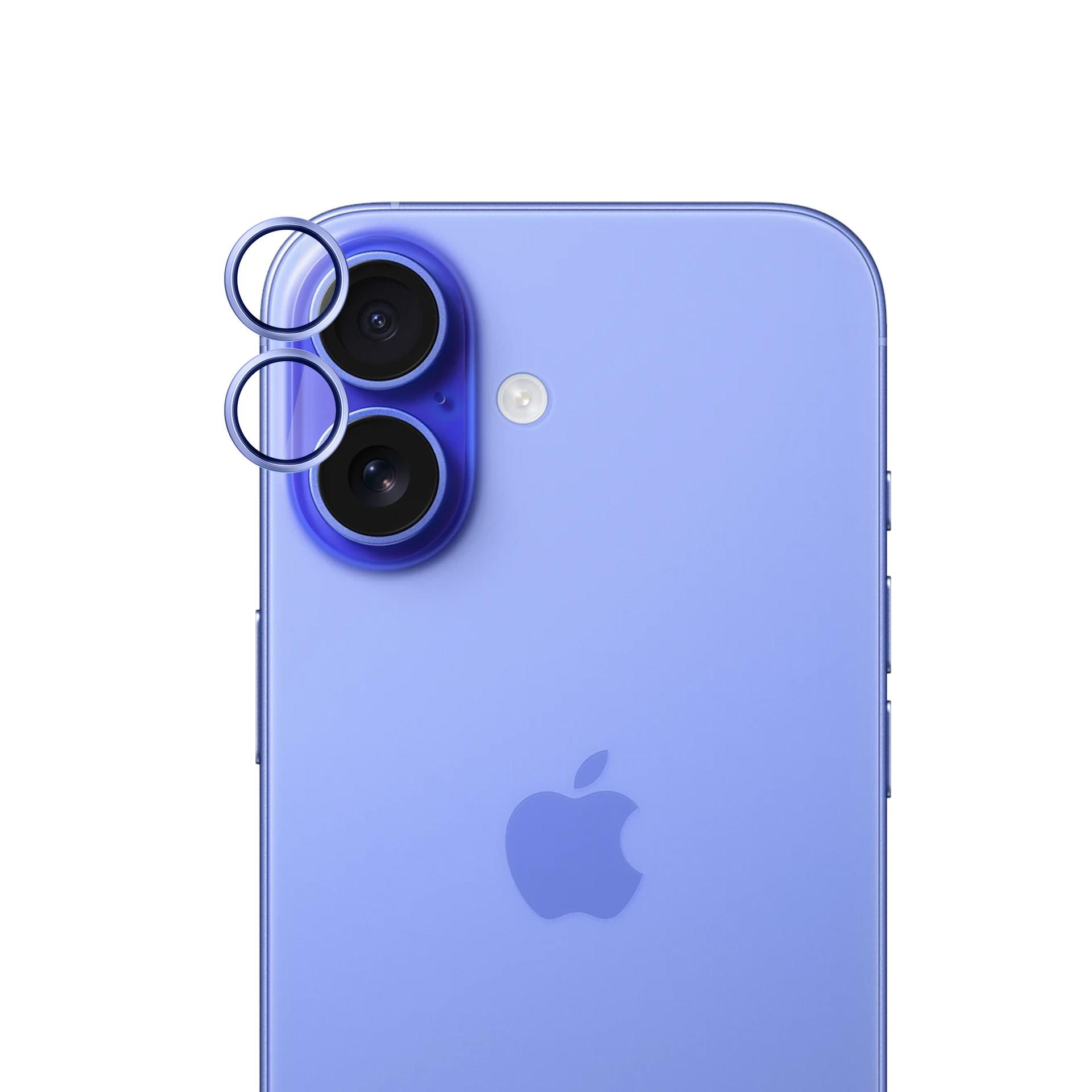 Vista posteriore di un iPhone blu con tre obiettivi e un logo Apple su sfondo bianco.