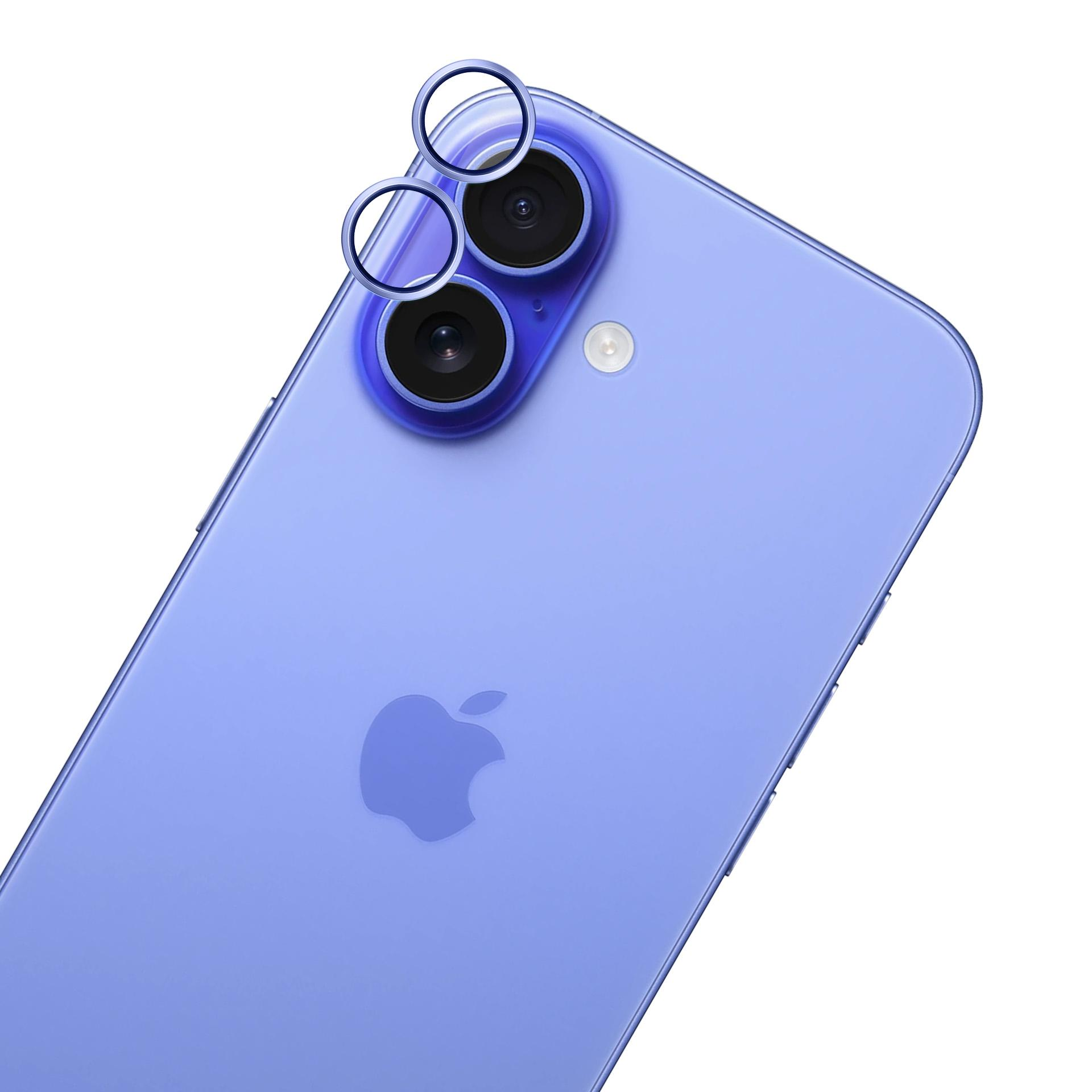 Un primo piano del retro di uno smartphone viola con lenti della fotocamera e il logo Apple.