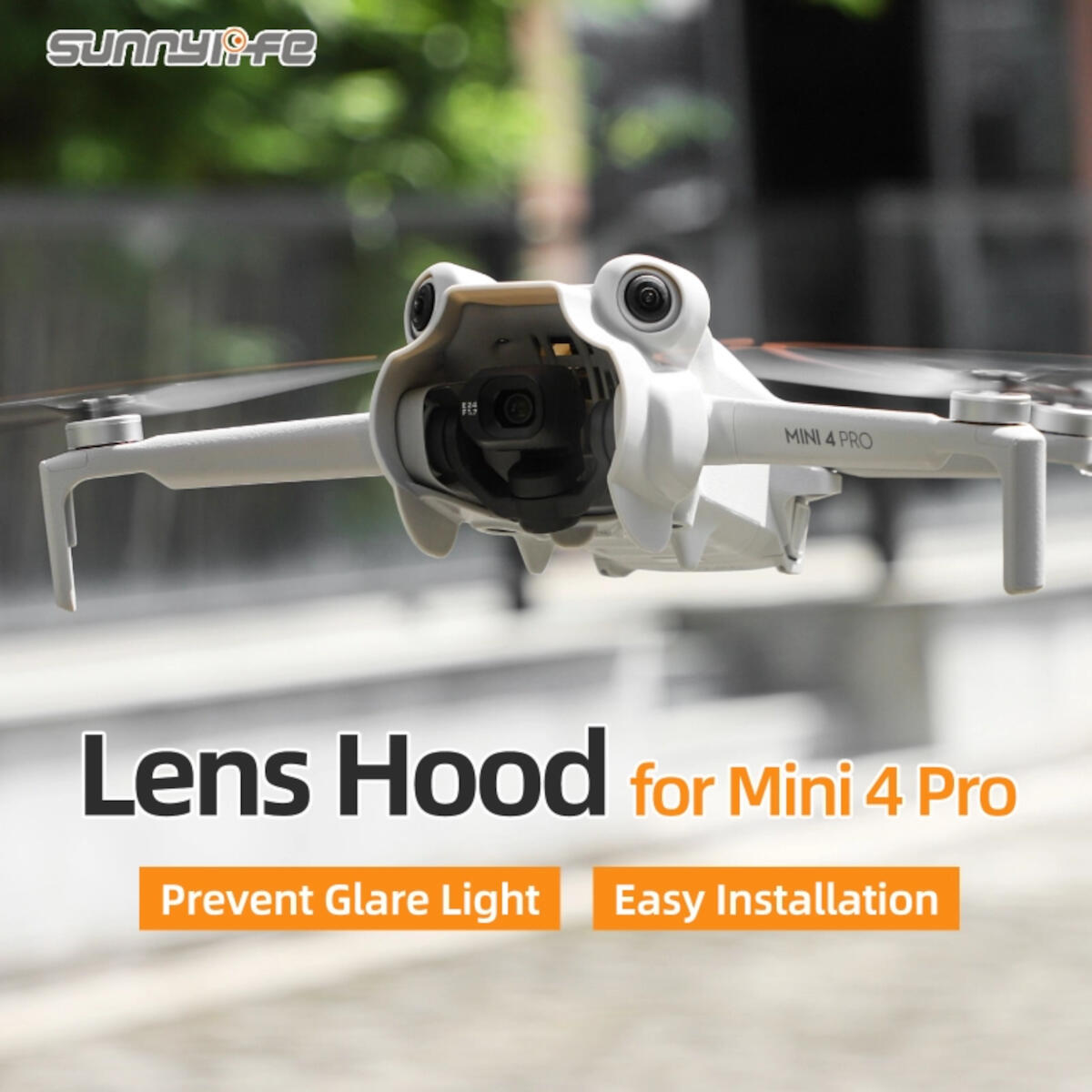A white drone with a lens hood is in focus. Text reads: Lens Hood for Mini 4 Pro, Prevent Glare Light, and Easy Installation.
