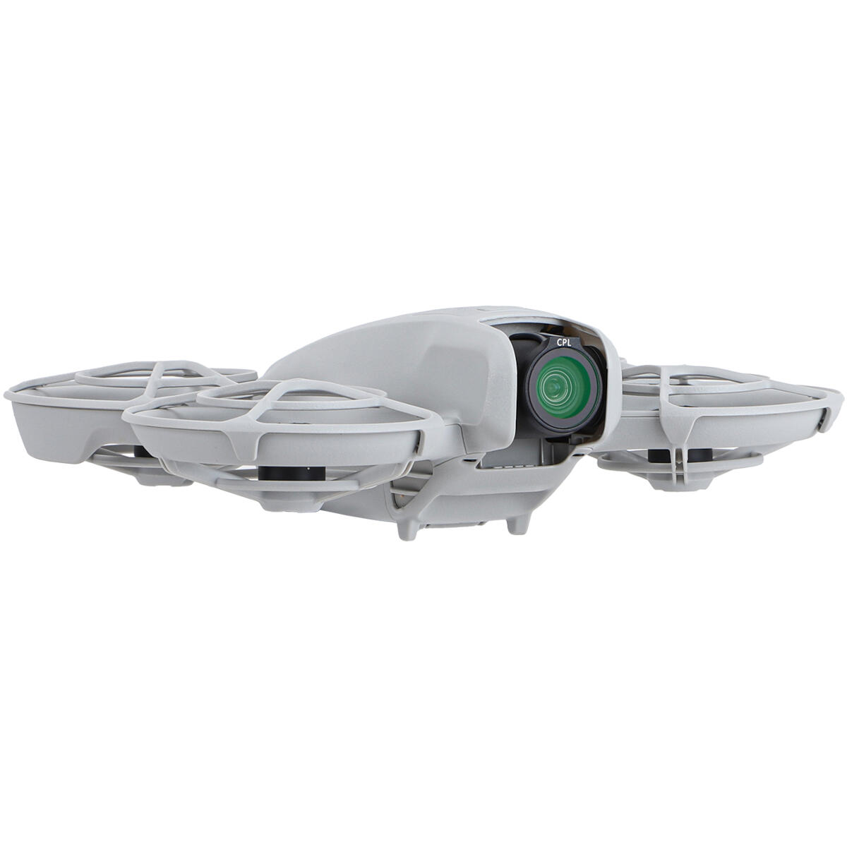 A gray drone with four propellers is shown. It has a camera with a green lens. The drone is isolated on a white background.