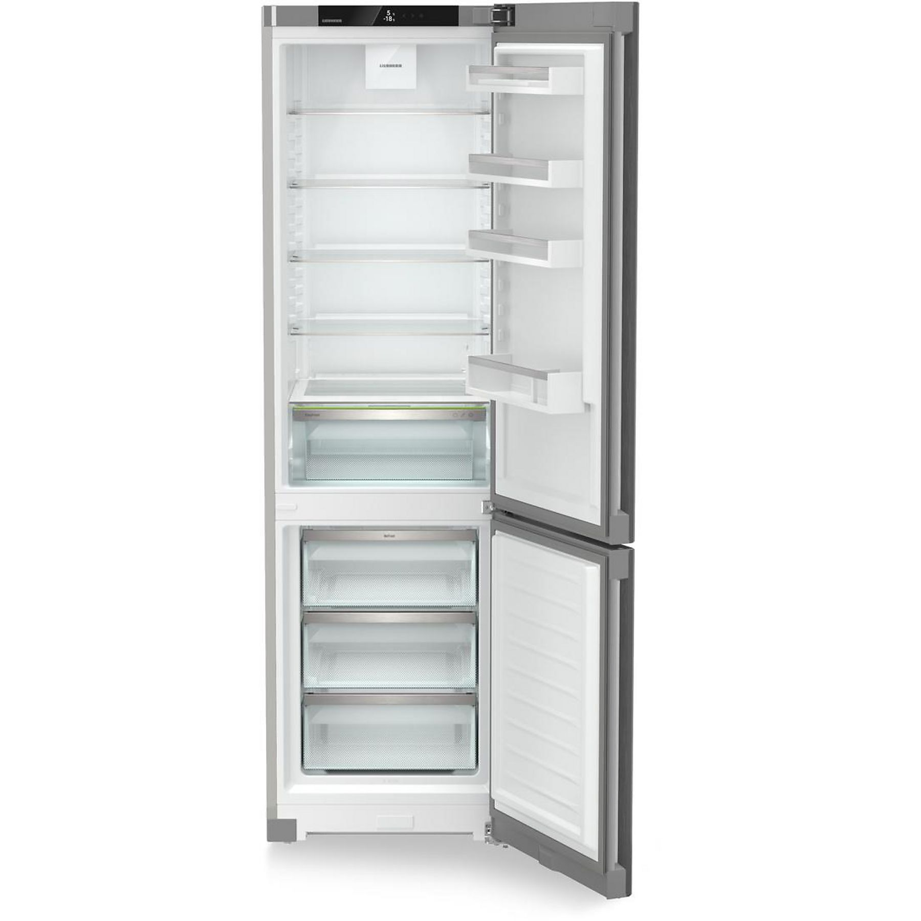 Un refrigerador moderno y abierto. La parte superior revela estantes, la inferior tiene cajones. Las puertas están abiertas.
