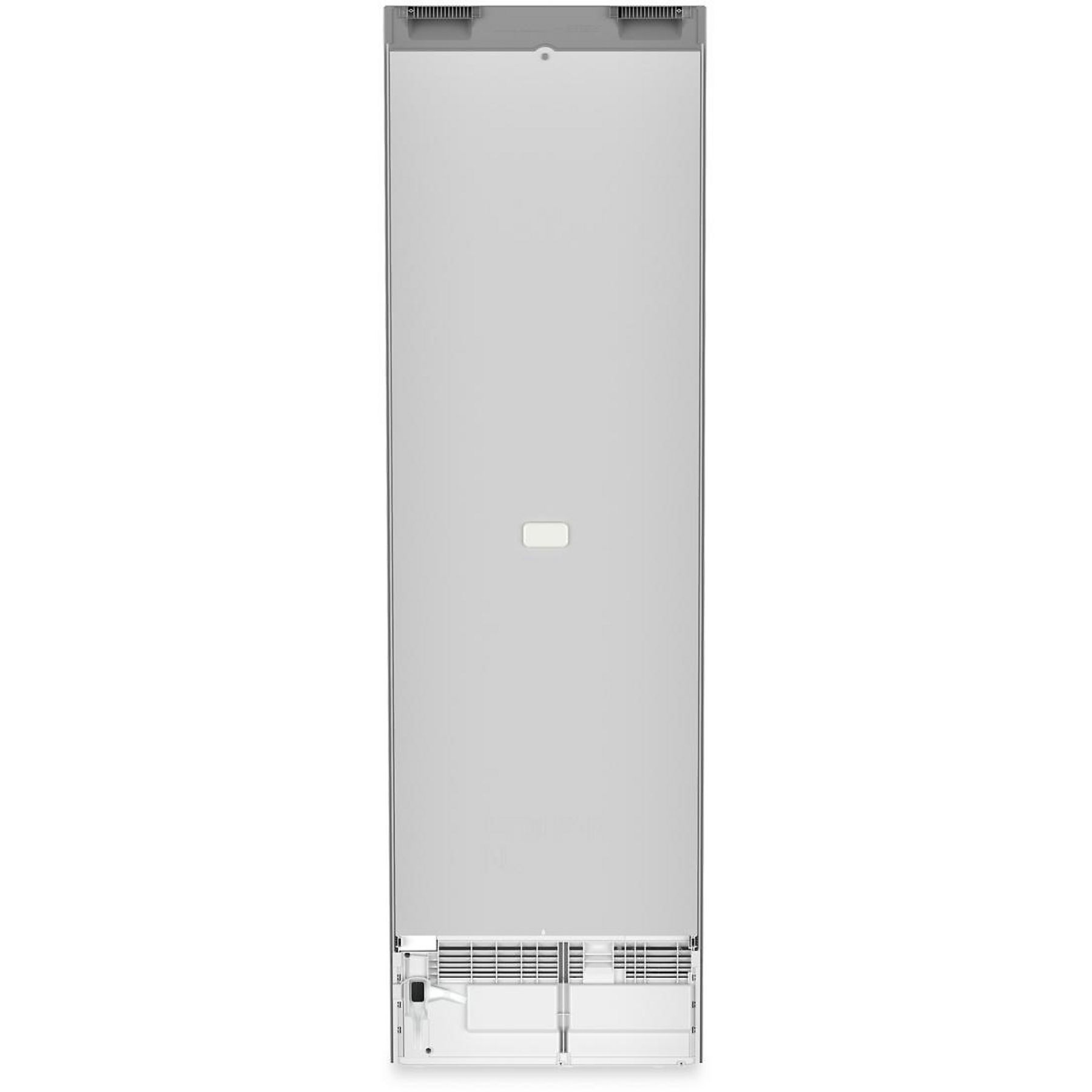 Un refrigerador alto, gris claro. Tiene ventilación en la parte superior e inferior. Hay un pequeño botón rectangular en el medio.
