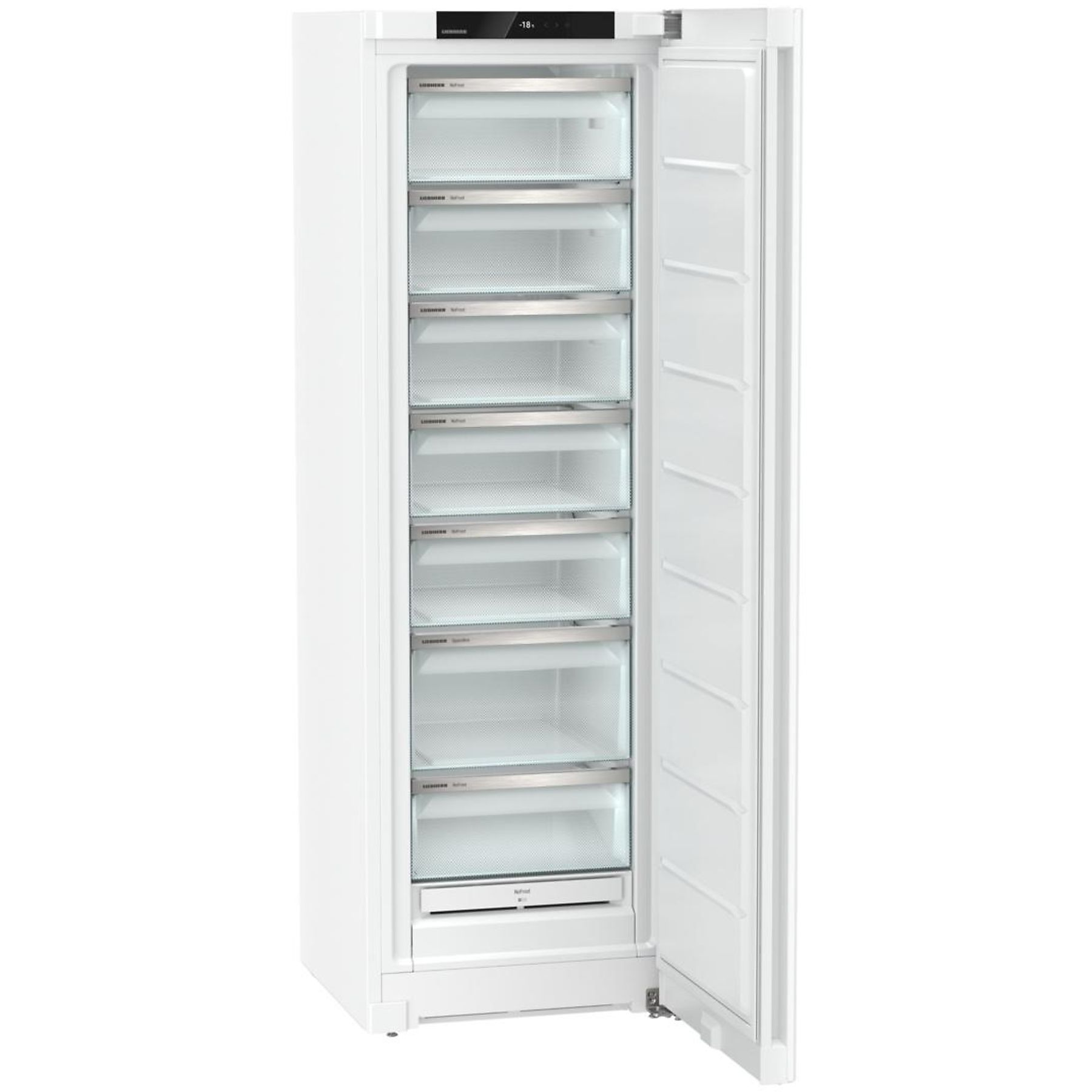 Un frigorifero-congelatore bianco con la porta aperta, che rivela ripiani in vetro. Il display mostra -18.