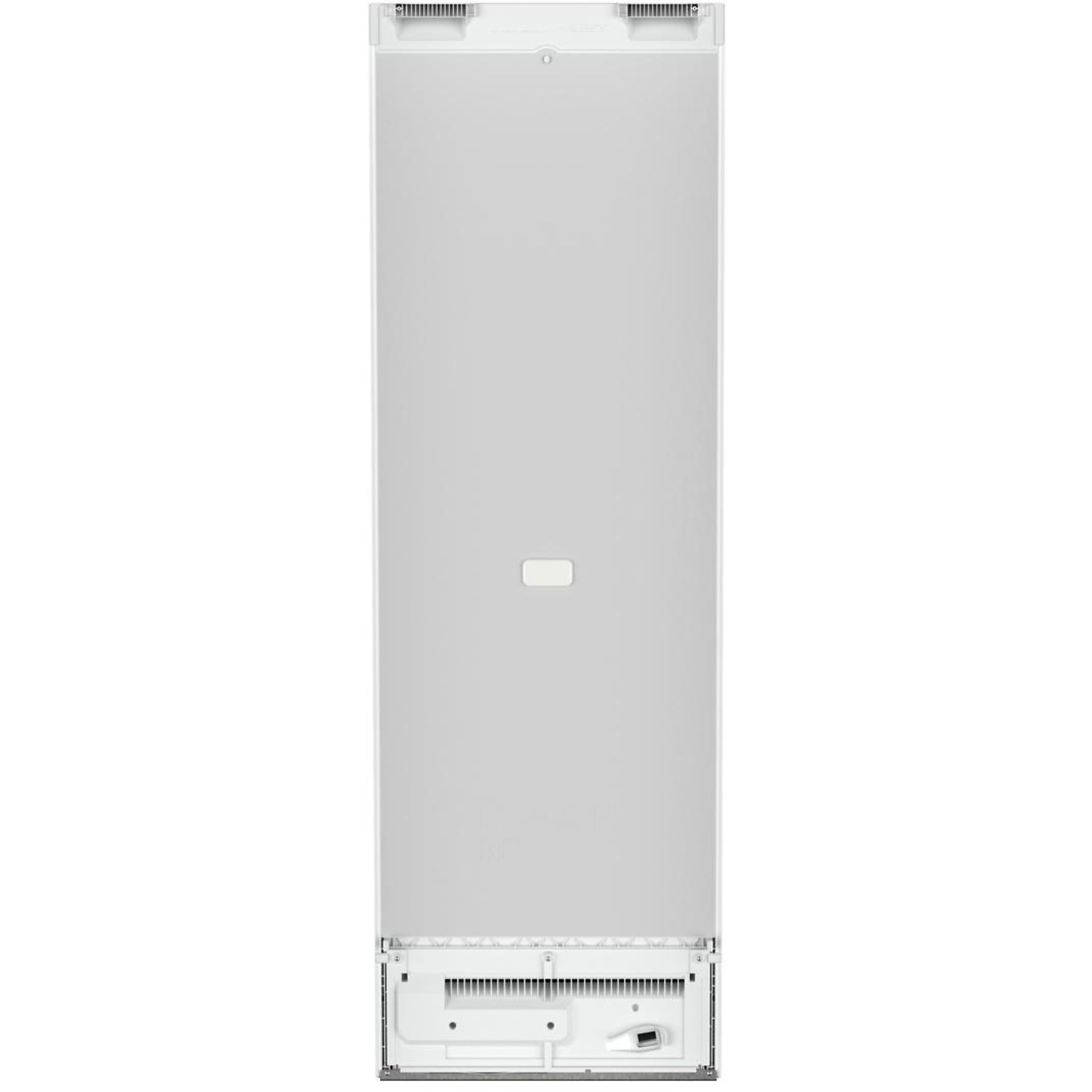 Retro di un frigorifero bianco con prese d'aria in alto e in basso. Un piccolo pulsante bianco è al centro della porta.