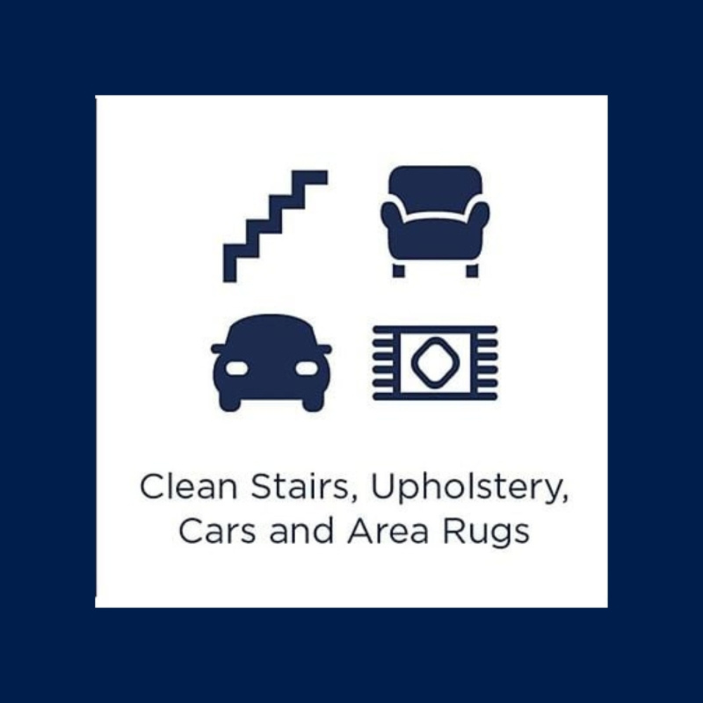 Icons: Treppe, Sessel, Auto, Teppich. Text: Treppen, Polster, Autos, Teppiche reinigen. Auf weißem Quadrat, blauer Hintergrund.