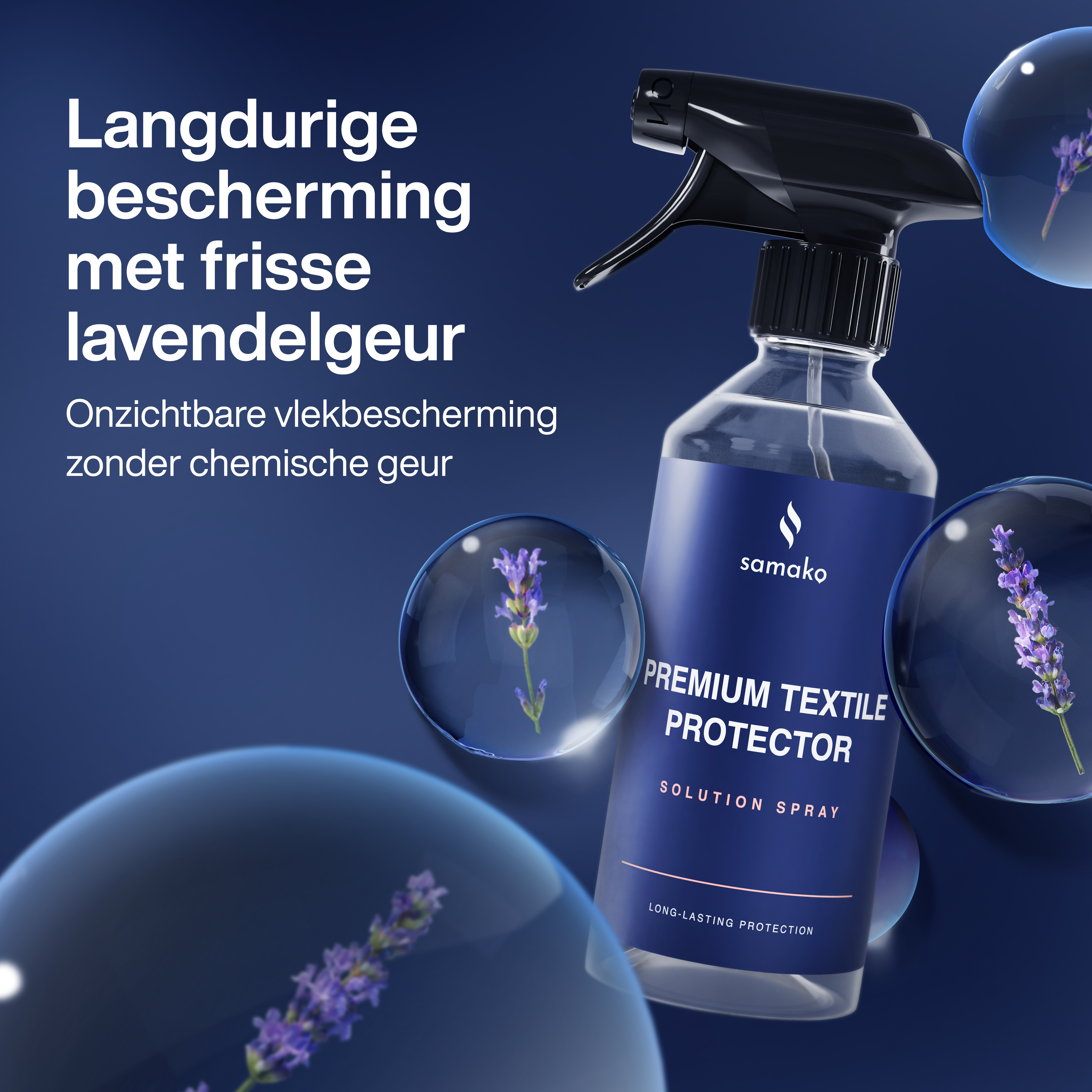 Sprayfles met tekst op blauwe achtergrond, lavendelblaasjes op de achtergrond.