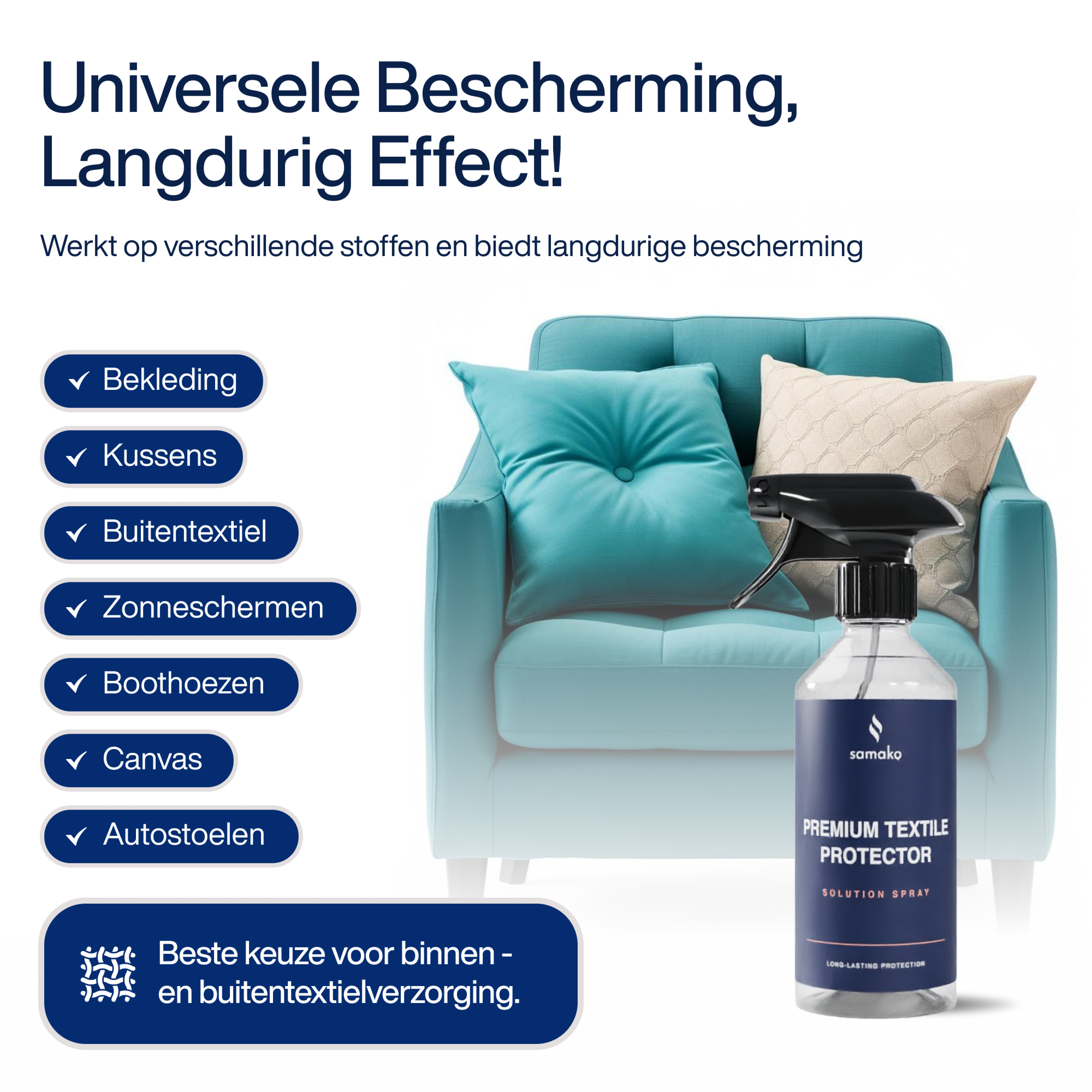Een advertentie toont een tealkleurige fauteuil met kussens. Een spuitfles textielbeschermer staat ervoor.