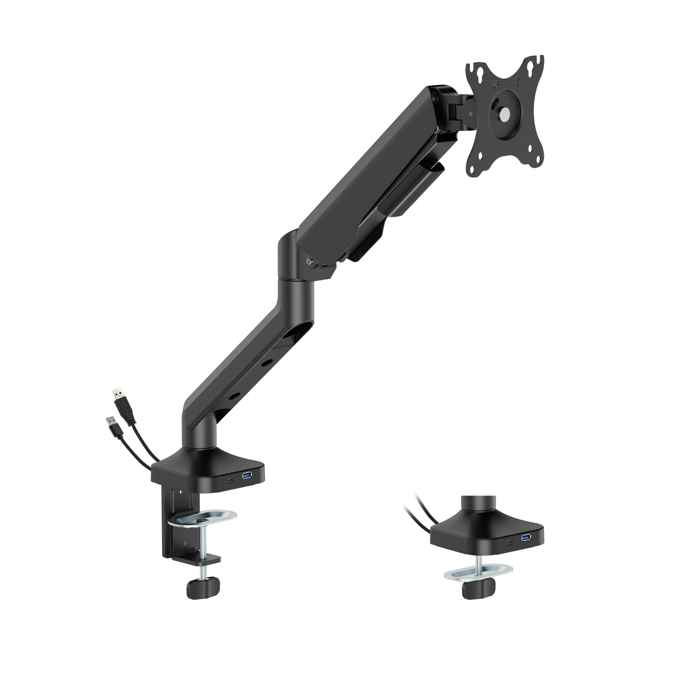 Een zwarte monitorarm, met een klem, USB-kabels en een aparte voet. De arm is verstelbaar, met ruimte voor een monitor.