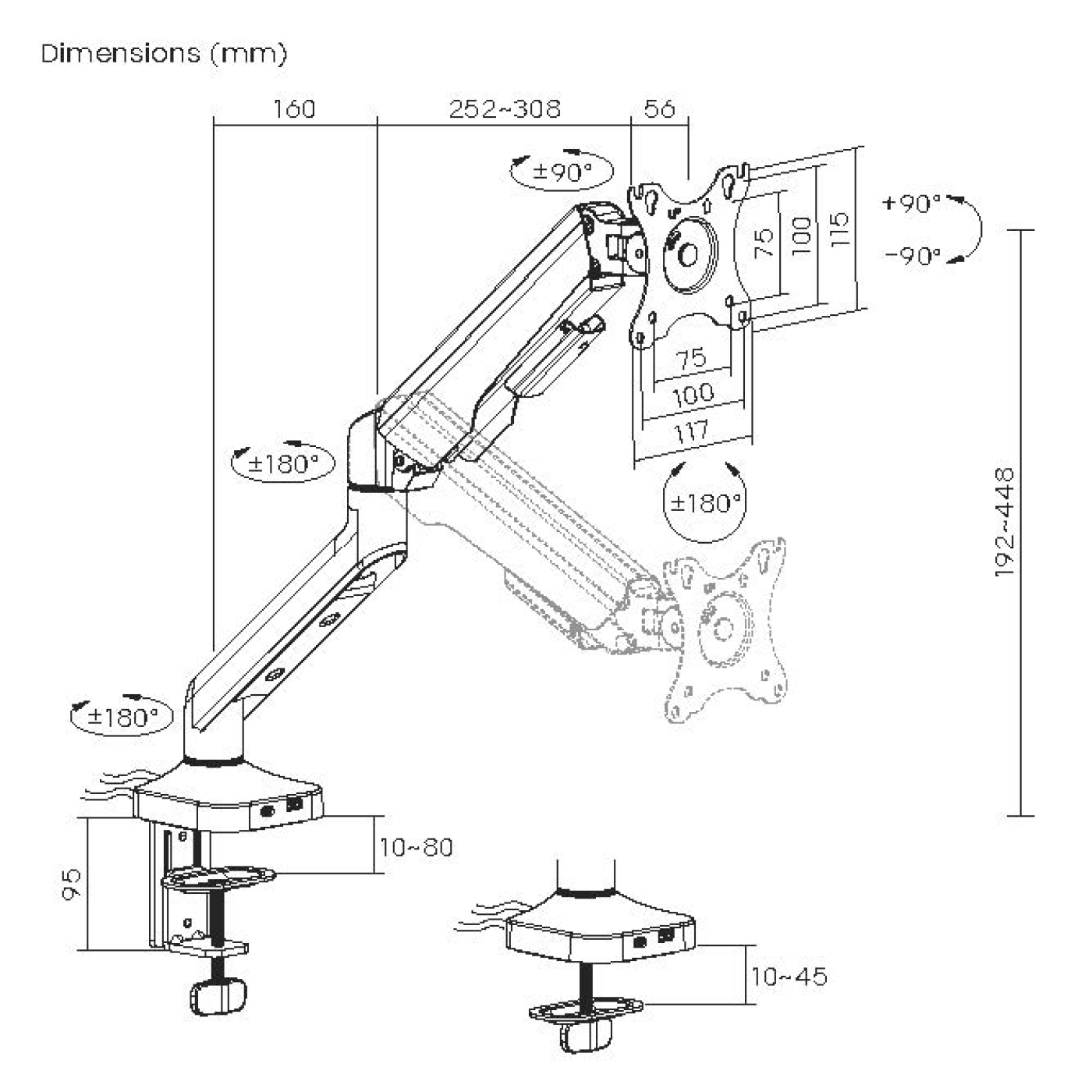Diagram van een monitorarm met afmetingen in mm. Toont rotatiegraden en afmetingen voor montage en aanpassingen.
