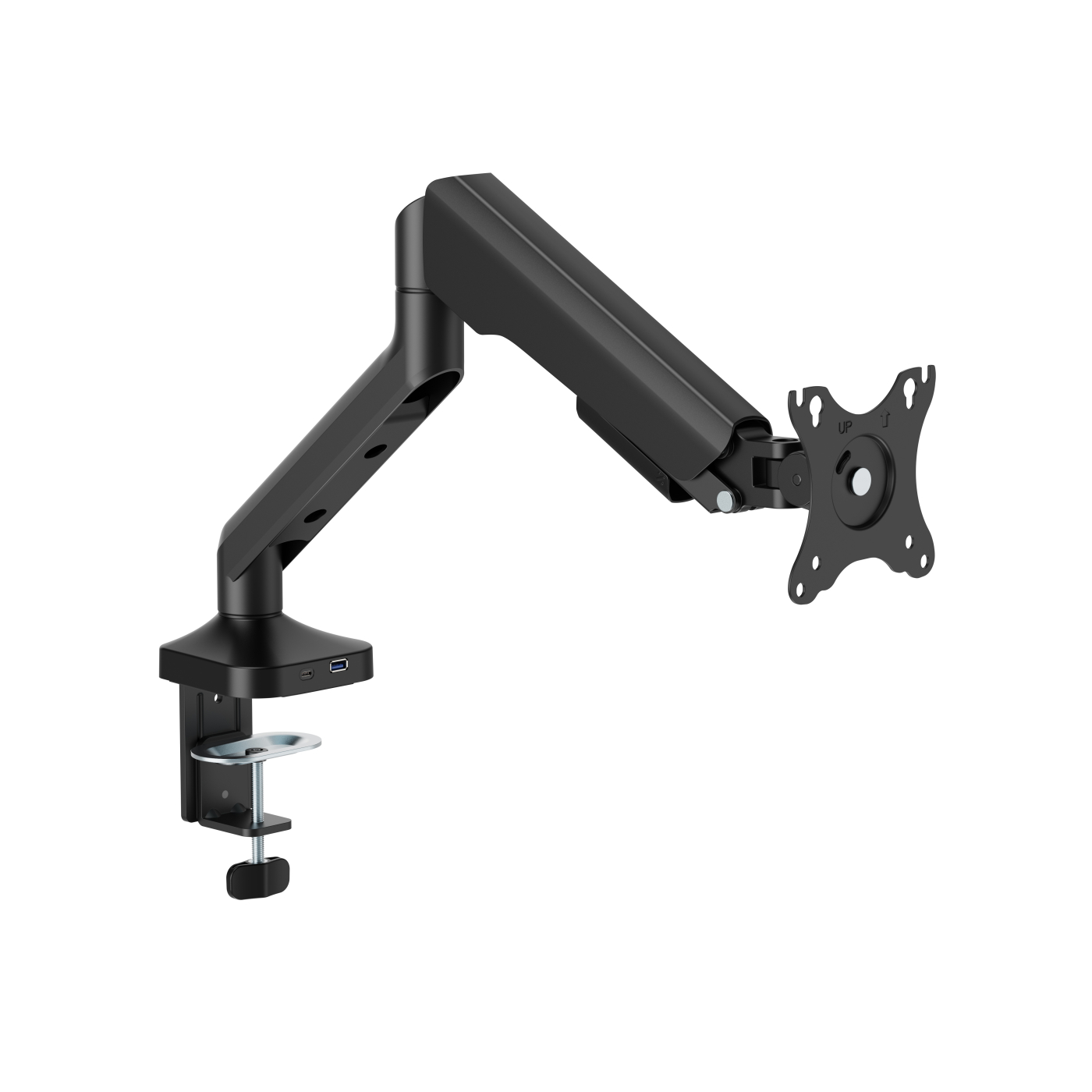 Een zwarte monitorarm, bevestigd aan een klem. De arm is schuin en ondersteunt een monitorbevestiging. USB-poorten zijn zichtbaar.