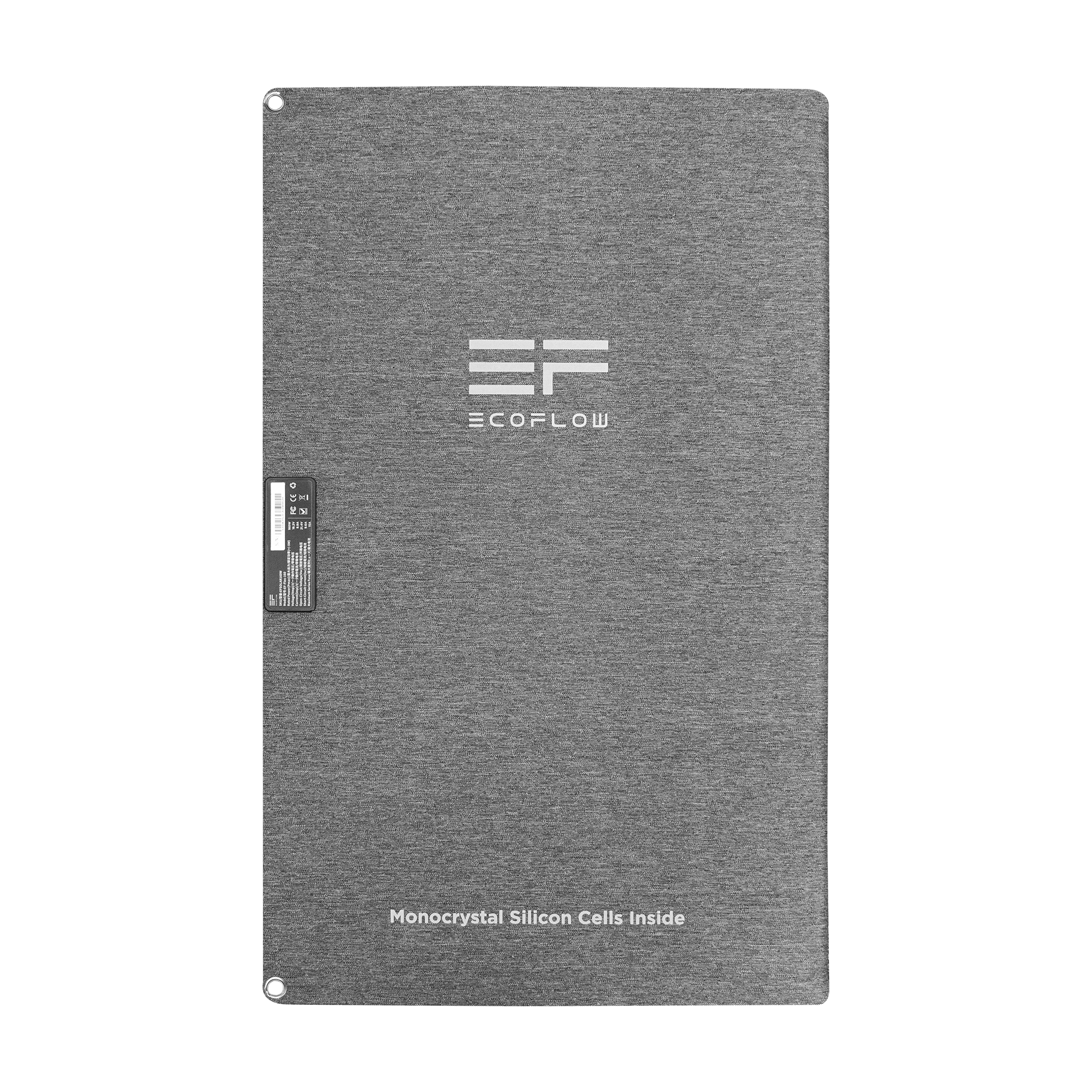 Graues Solarpanel mit ECOFLOW-Logo und Text 'Monokristalline Siliziumzellen innen'. Es hat Metallösen.