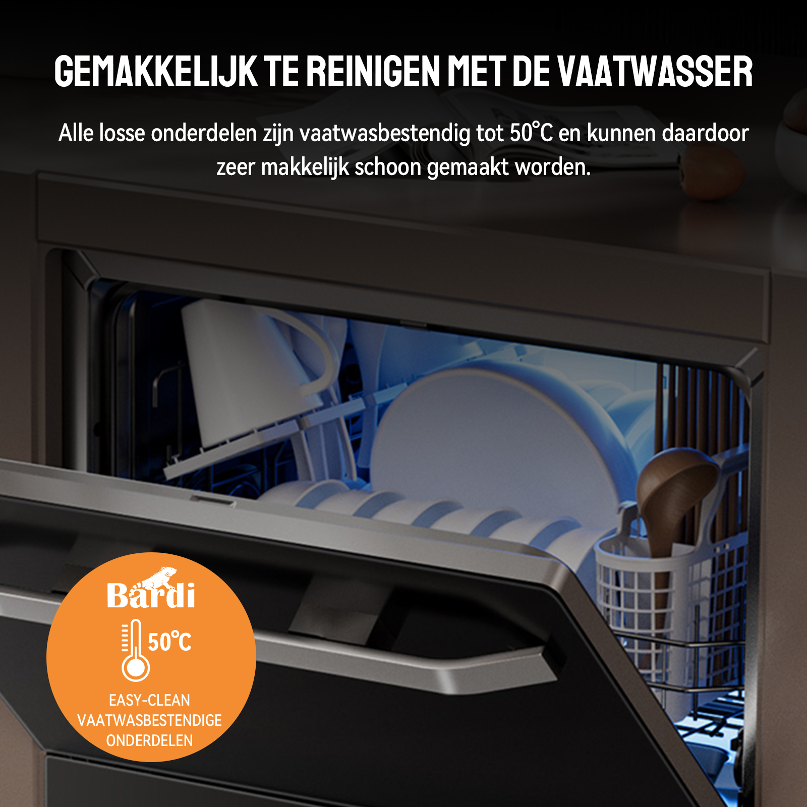 Dishwasher with open door. Inside, dishes and utensils are visible. An orange label says 'Easy Clean'.