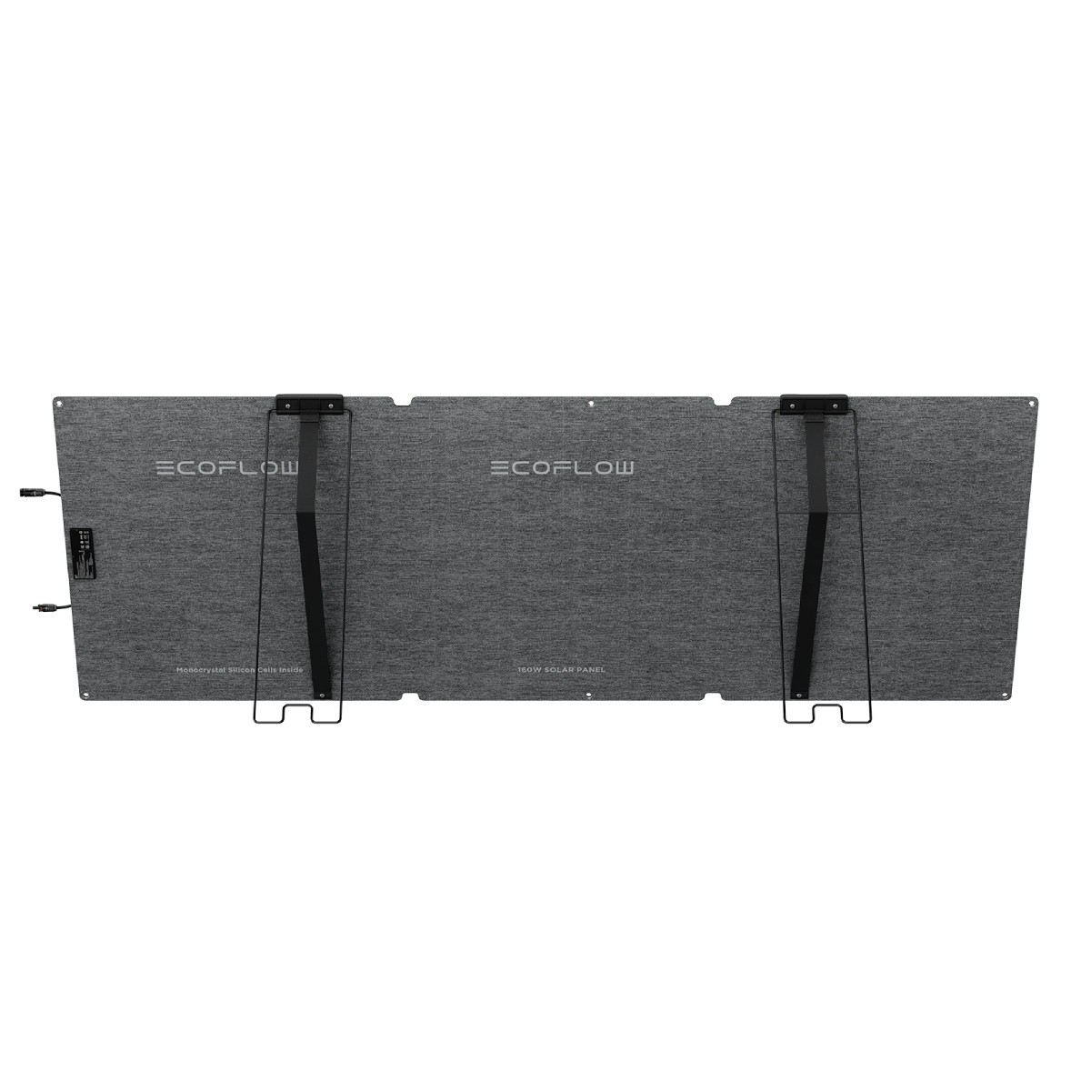 Ein graues Solarpanel mit schwarzen Riemen und dem EcoFlow-Logo. Es hat Etiketten für monokristalline Siliziumzellen und 160W Solarpanel.