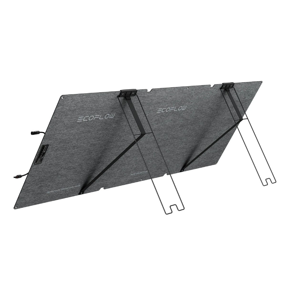 Zwei graue EcoFlow-Solarpaneele werden mit schwarzen Metallständern aufgestellt. Die Paneele befinden sich auf weißem Hintergrund.