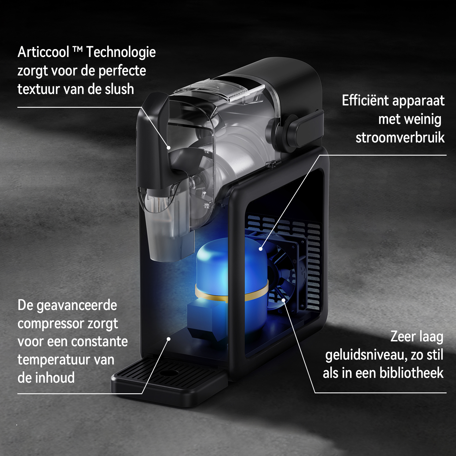 A black slush machine with transparent container, blue compressor, and fan. Text indicates efficiency, low noise, and perfect slush.