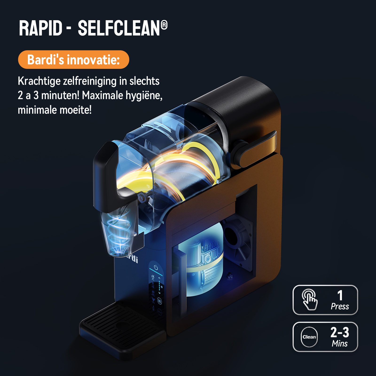 A self-cleaning machine with a transparent chamber, black base, and orange and blue accents. Text: Rapid Selfclean.