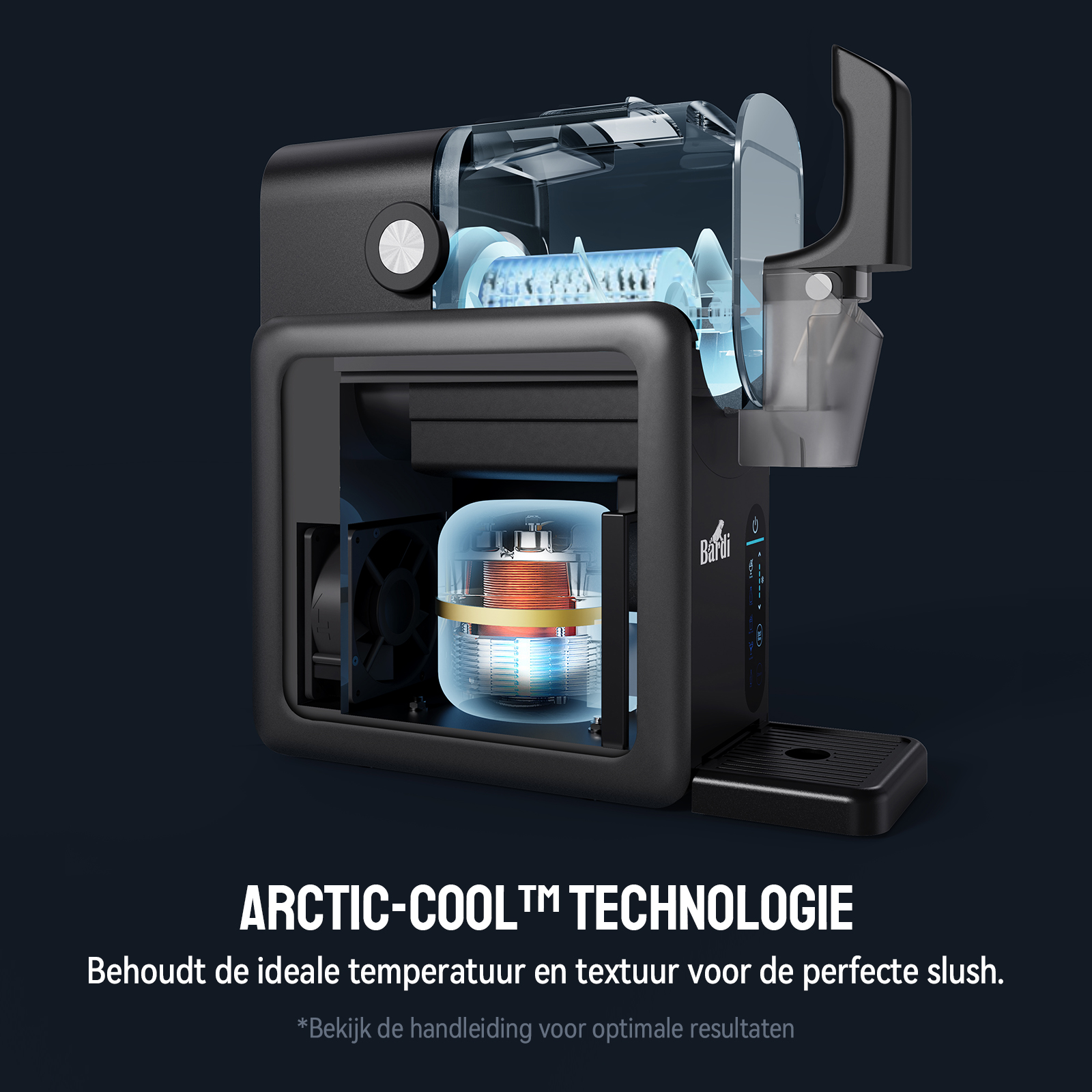A black slushie machine with transparent compartments. It has internal mechanisms and a control panel.