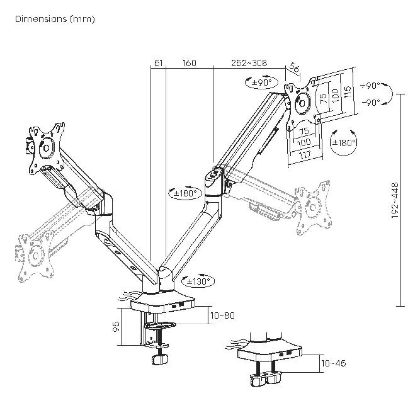 Diagram van een monitorarm met afmetingen in mm, met verstelbare onderdelen en hoeken. Bevat metingen voor verschillende secties.