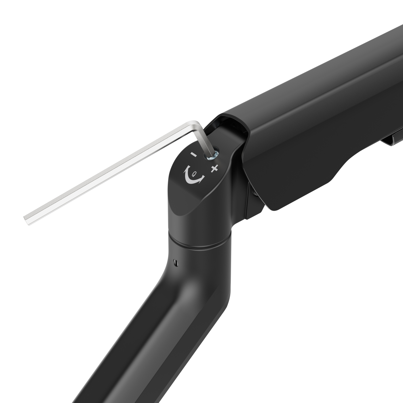Een close-up toont een zwarte, verstelbare arm met een zilveren inbussleutel. De arm heeft afstelindicatoren.