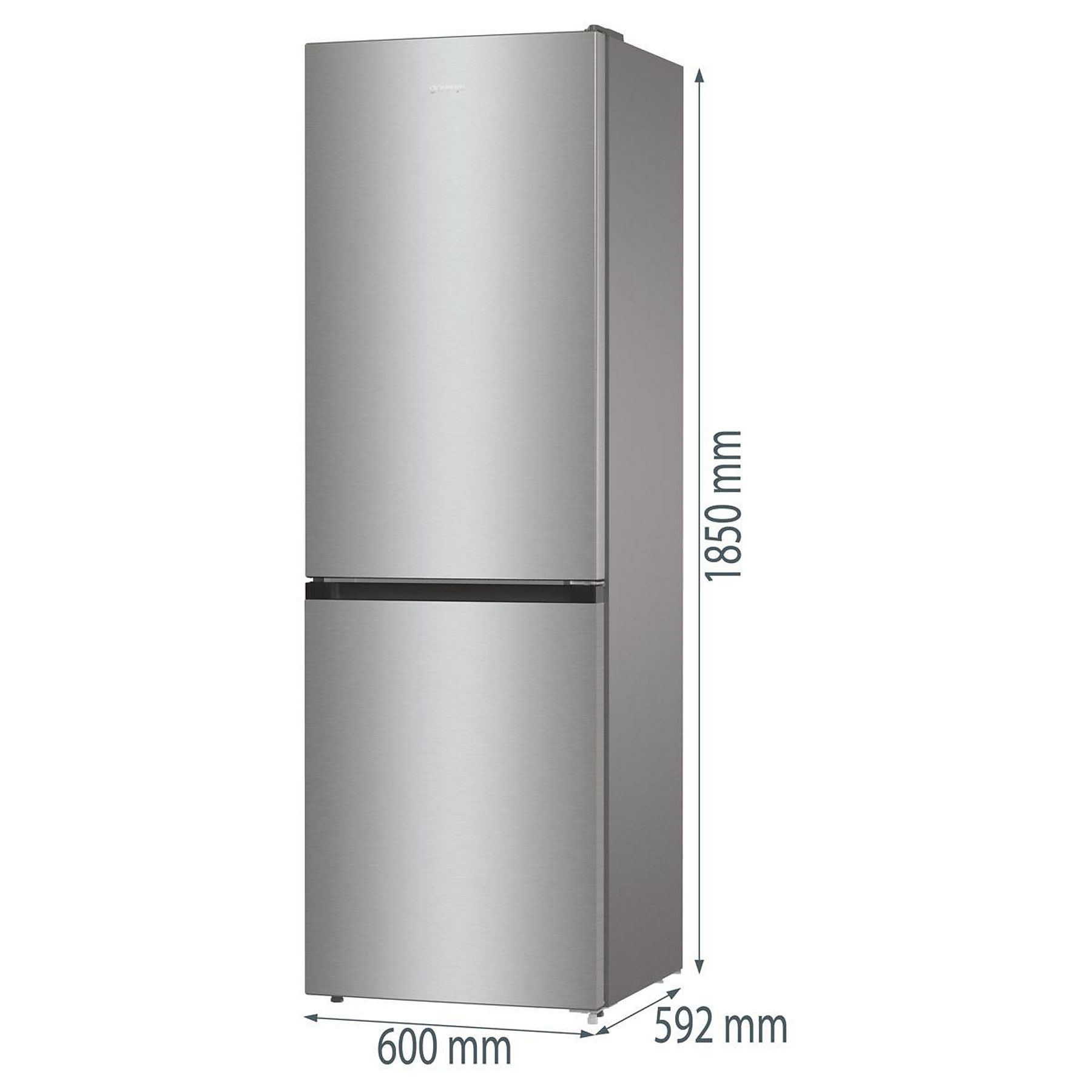 Lodówka ze stali nierdzewnej z wymiarami. Wysokość 1850 mm, szerokość 600 mm, głębokość 592 mm.