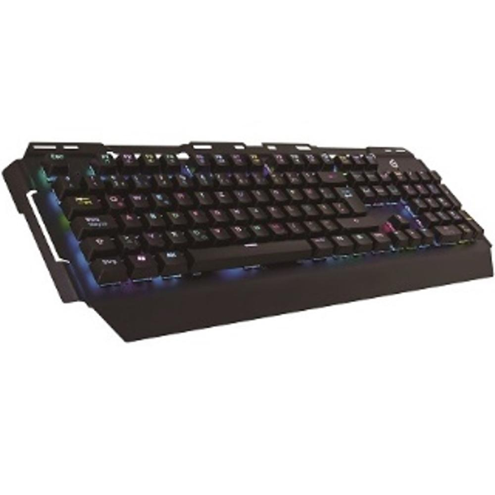 Un teclado negro con teclas iluminadas. El teclado tiene un diseño elegante con teclas multimedia y reposamuñecas.