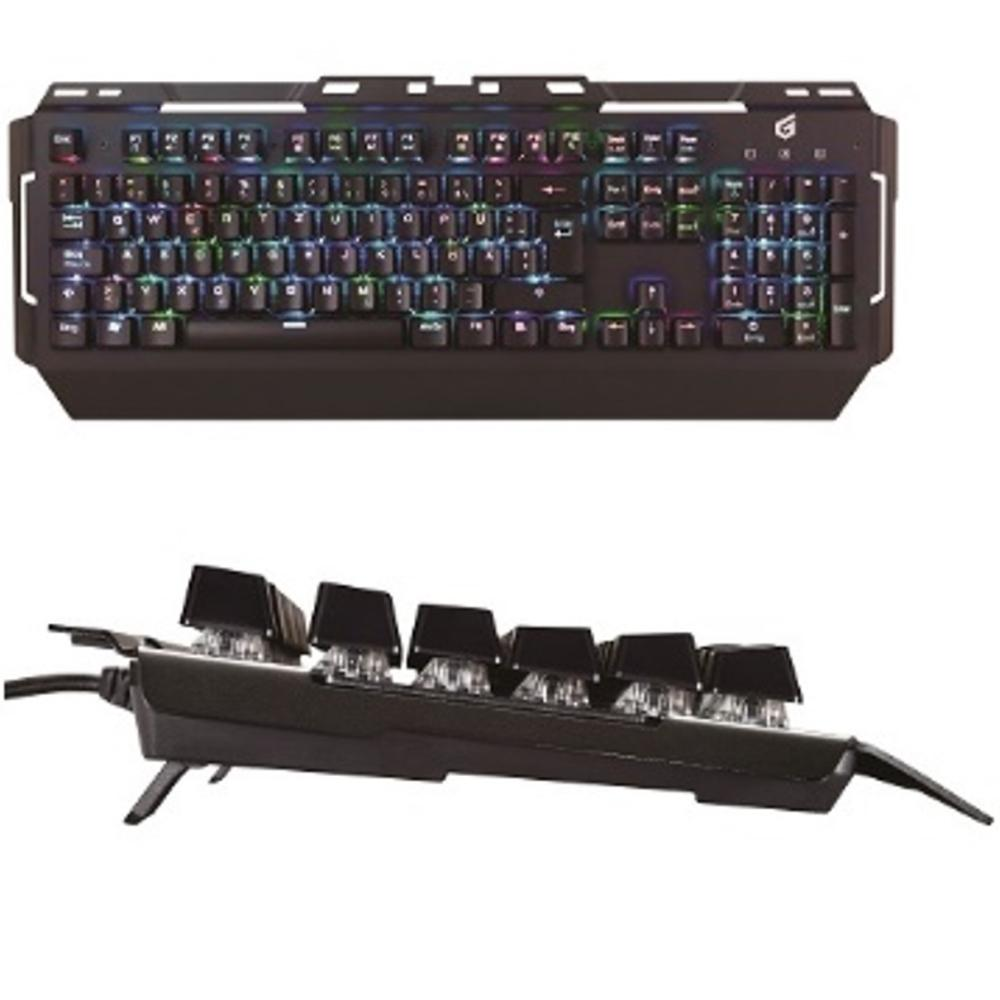 Un teclado gaming negro con iluminación RGB. Las teclas se iluminan en varios colores. Una vista lateral muestra las patas del teclado.