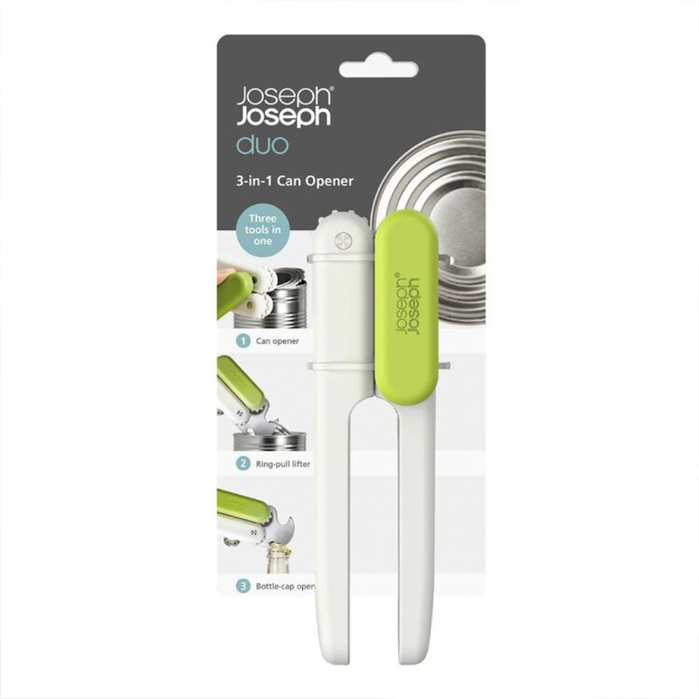 Un abrelatas Joseph Joseph Duo 3 en 1. Herramienta blanca y verde con tres funciones: abrelatas, levantador de anillas y abrebotellas.