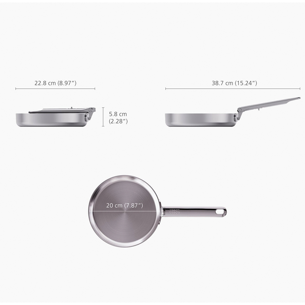 Tres vistas de una sartén de acero inoxidable, que muestran dimensiones: lateral, superior y mango. Las medidas se dan en cm y pulgadas.