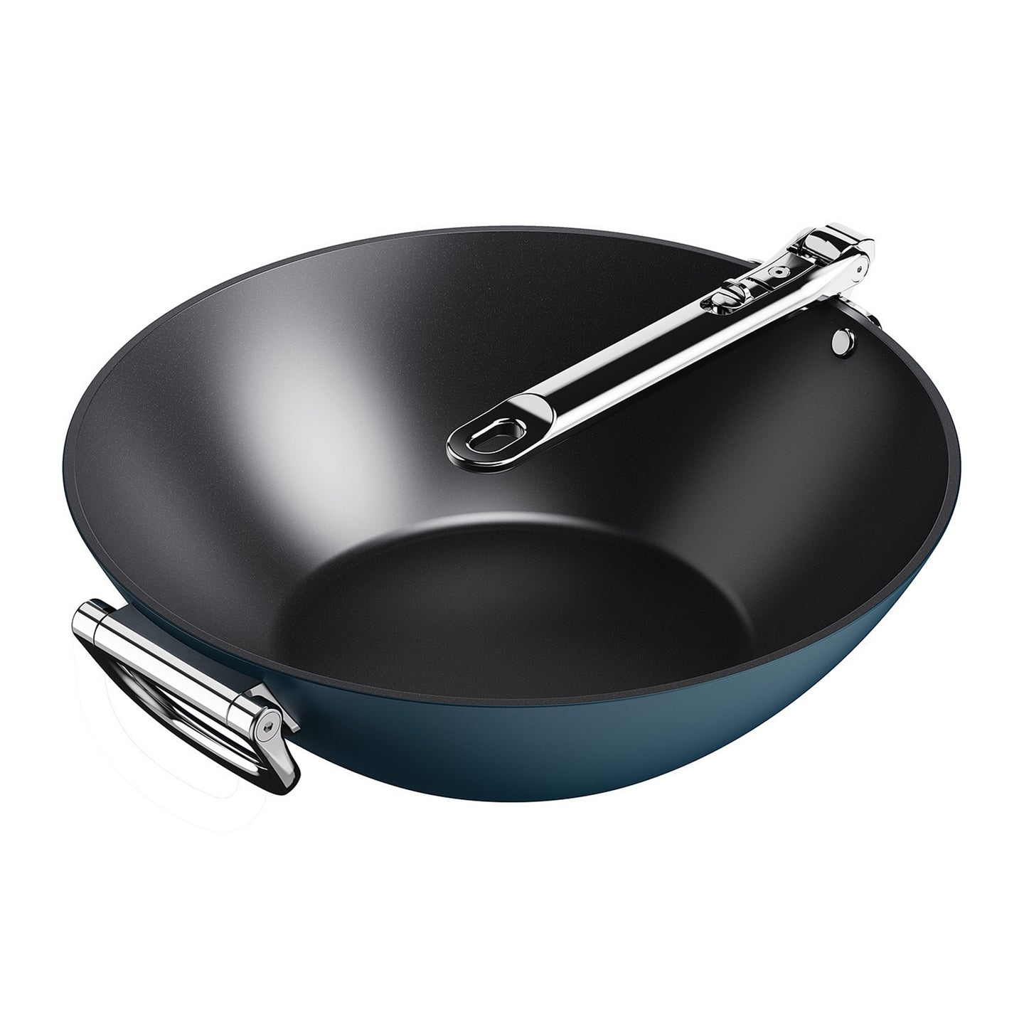 Un wok azul oscuro con interior negro y dos asas plateadas. Un asa es una barra larga, la otra es un lazo corto.