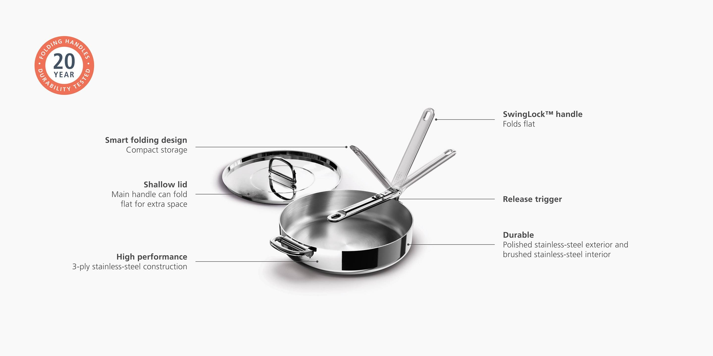 Una sartén de acero inoxidable con asas plegables y tapa. Las características incluyen un diseño duradero y almacenamiento compacto. La sartén está sobre un fondo blanco.