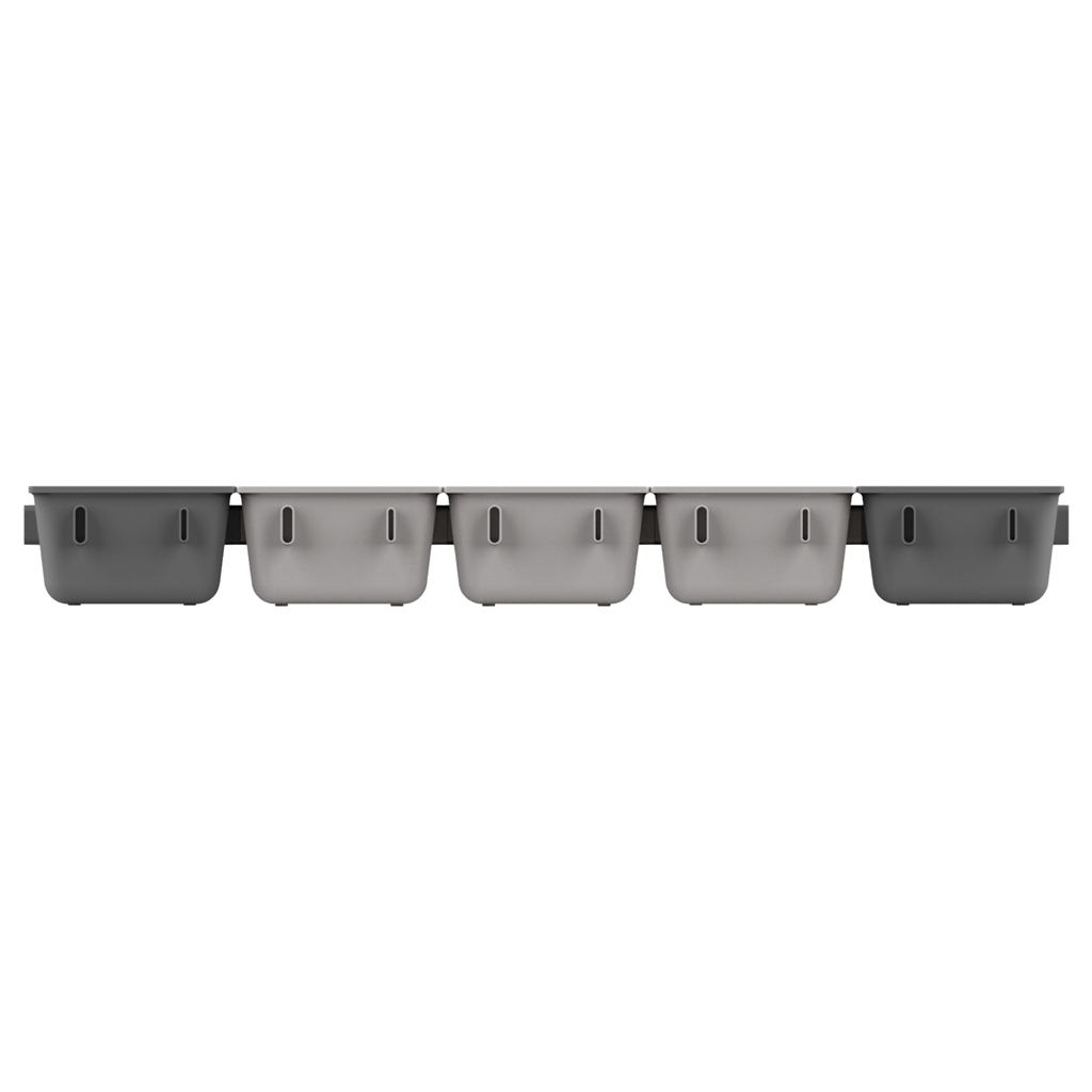 Cinco contenedores de plástico gris conectados. Cada uno tiene forma rectangular y una pequeña abertura en la parte frontal. Fondo blanco.