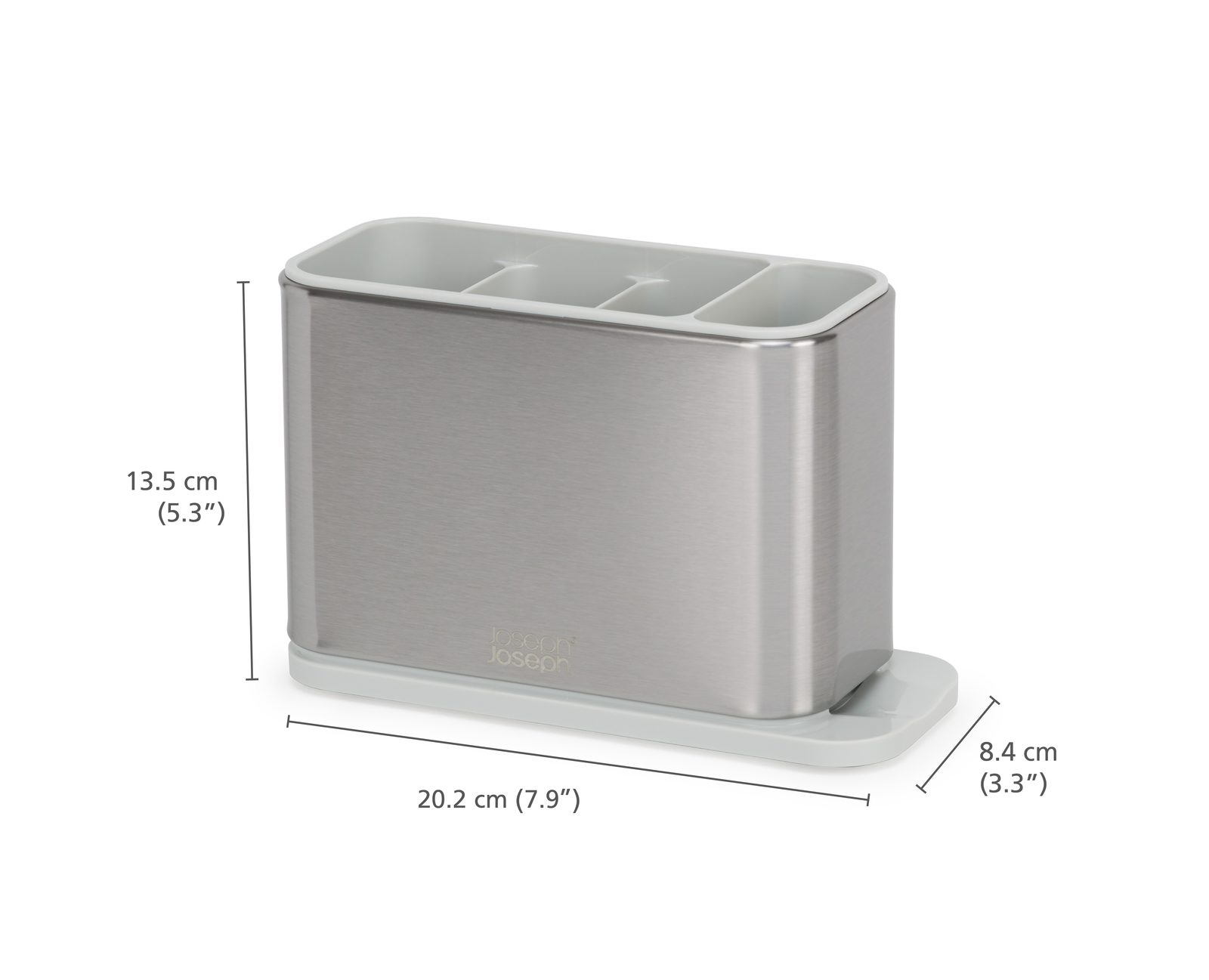 Un soporte metálico para utensilios con tres compartimentos, sobre una base. Las dimensiones se dan en cm y pulgadas.