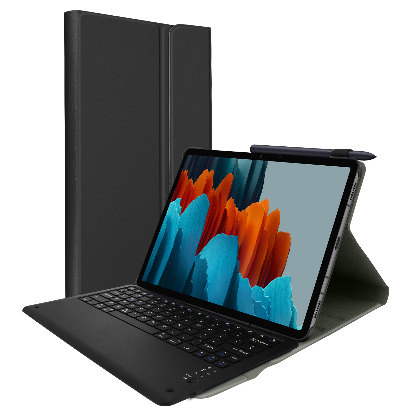 Tablet mit Tastatur, schwarzer Hülle und Stift. Der Bildschirm zeigt blaue und orangefarbene abstrakte Kunst. Der Hintergrund ist weiß.