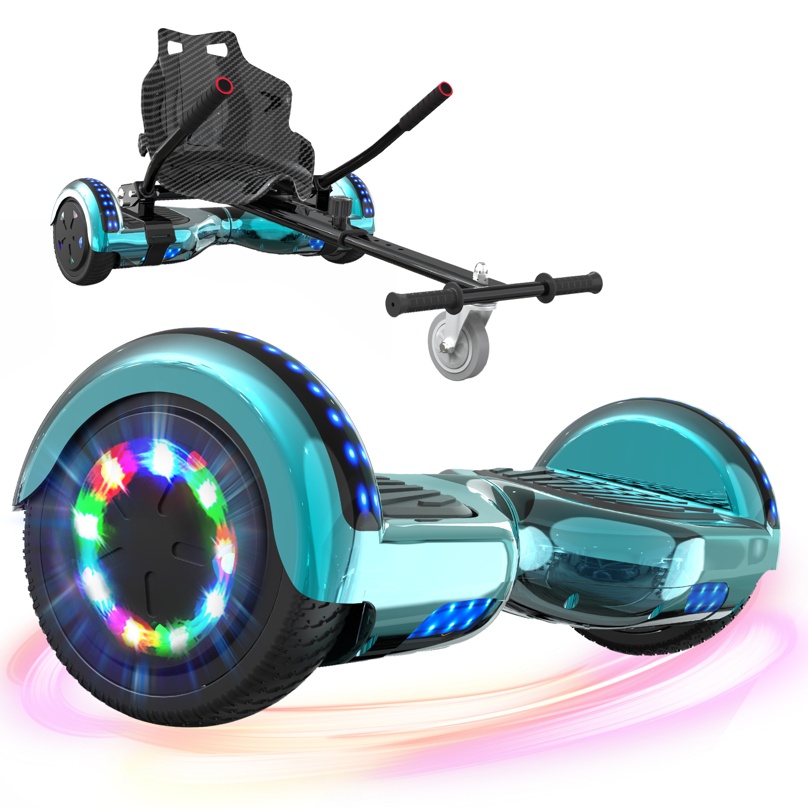 Hoverboard z mocowaniem siedzenia. Jest niebieski z diodami LED. Małe koło jest przymocowane do siedzenia.