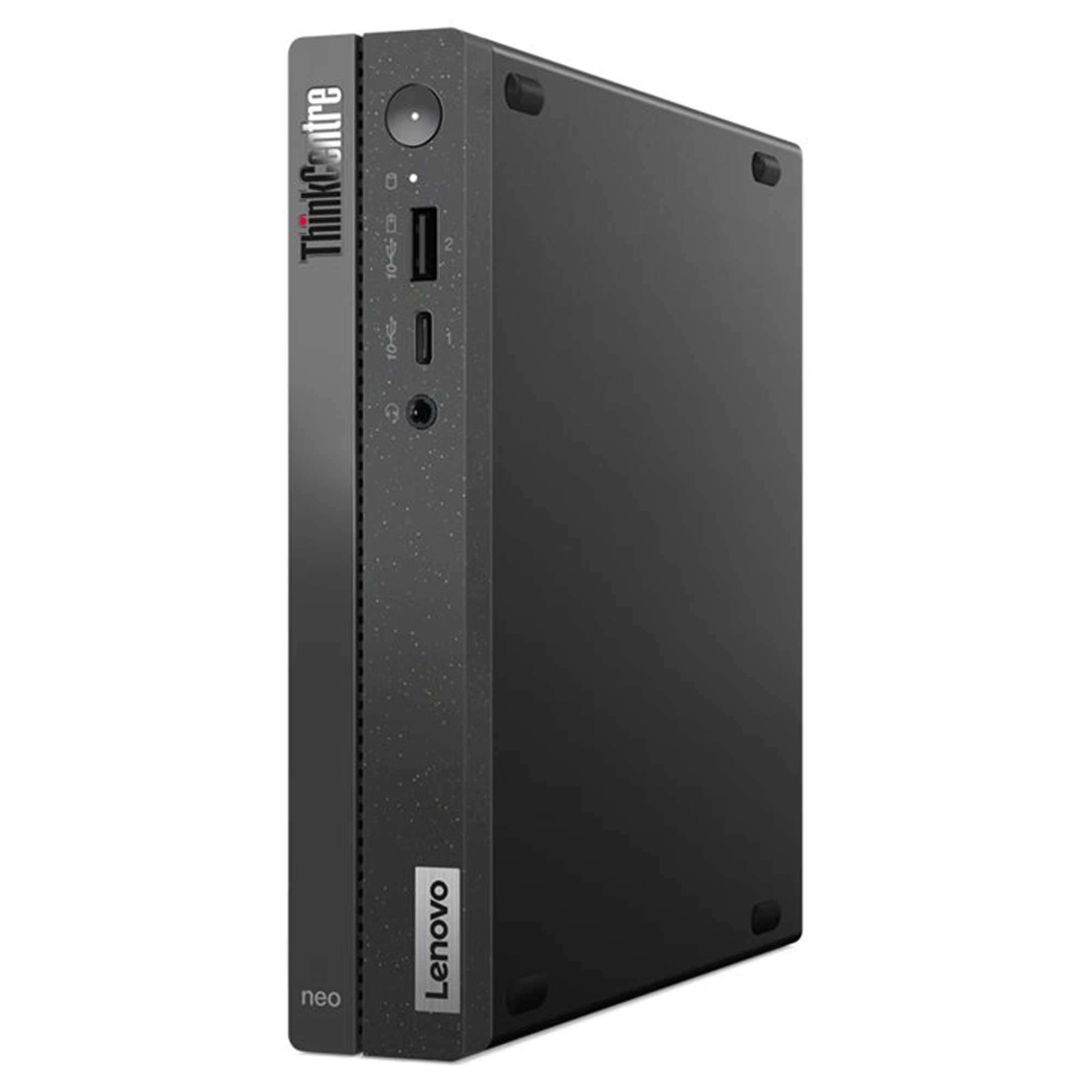 Siyah bir Lenovo ThinkCentre neo masaüstü bilgisayar. Bağlantı noktaları, düğmeleri ve ThinkCentre logosu vardır.